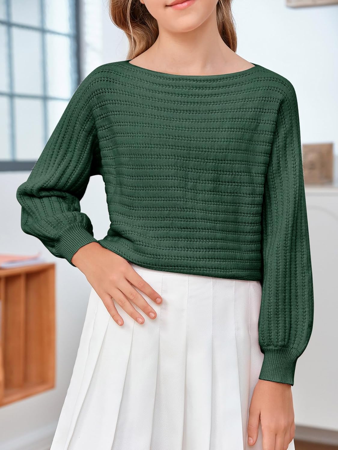 Mafulus Girl's Puff Long Sleeve Crewneck Pullover Sweaters Kids Cable Knit Hollow Out Slouchy Cute Fall Jumper Tops 5-14T - Image 3