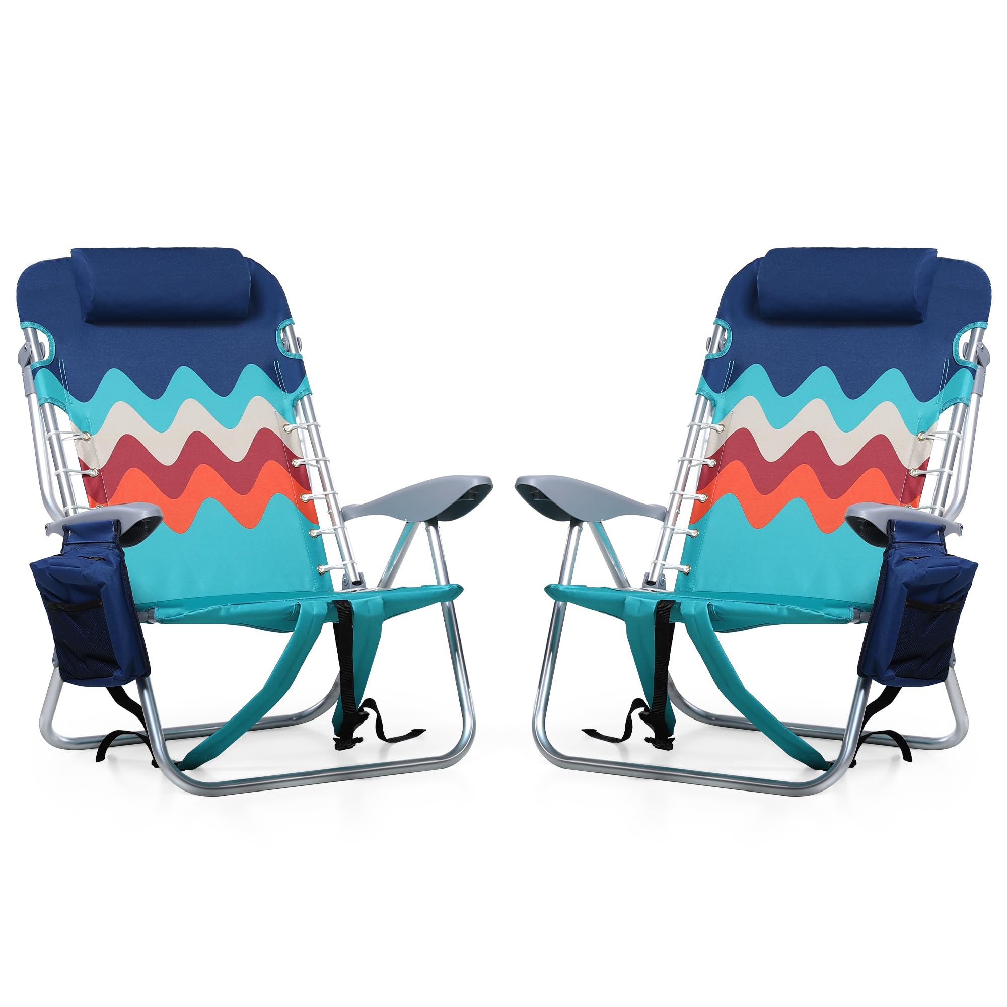 HIGH POINT SPORTS Klappbarer Rucksack Strandstuhl-Set aus 2 Stk., leichter tragbarer Liegestuhl mit 250 kg Tragfähigkeit, Campingstühle mit 4 Positionen für Erwachsene, Blau