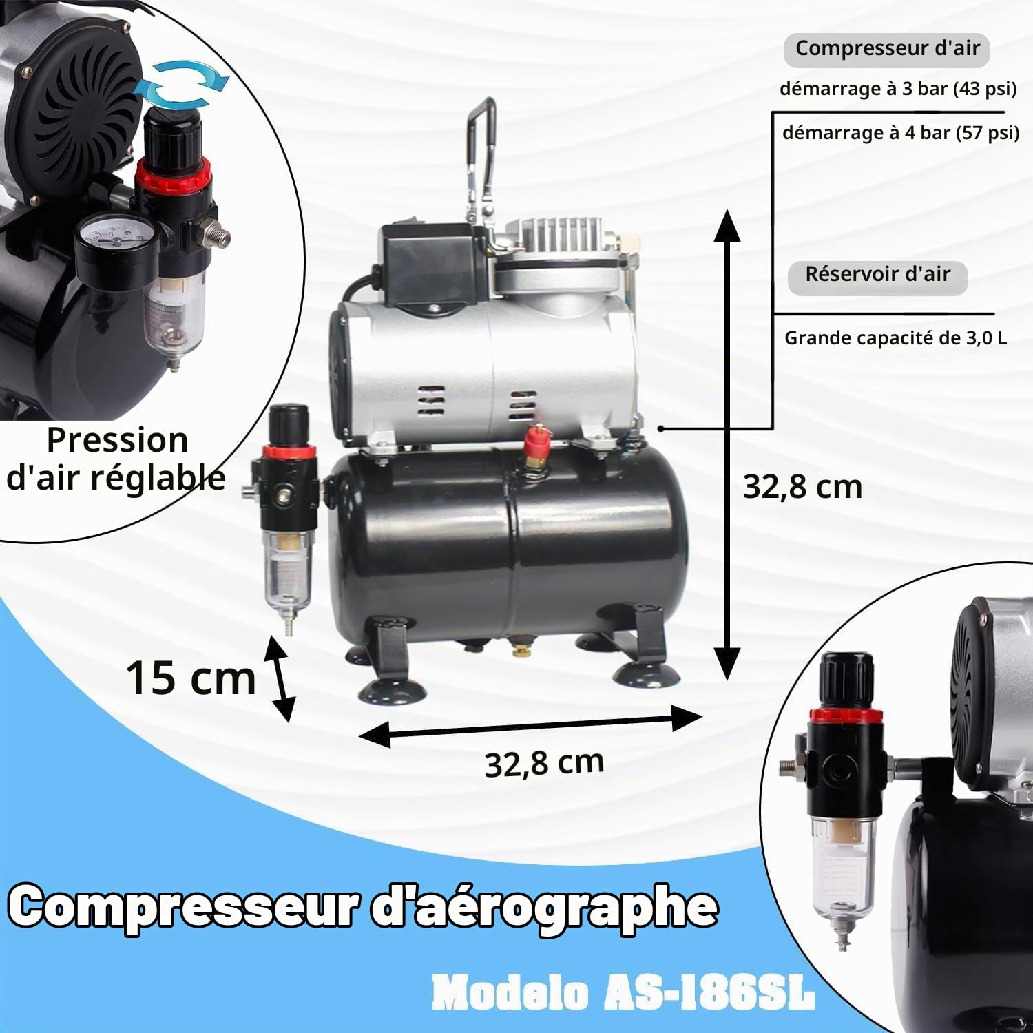 ABEST Trousse compresseur aérographes - tuyau à air, support pour aérographe,décoration de gâteau, tatouage temporaire, peinture de passe-temps