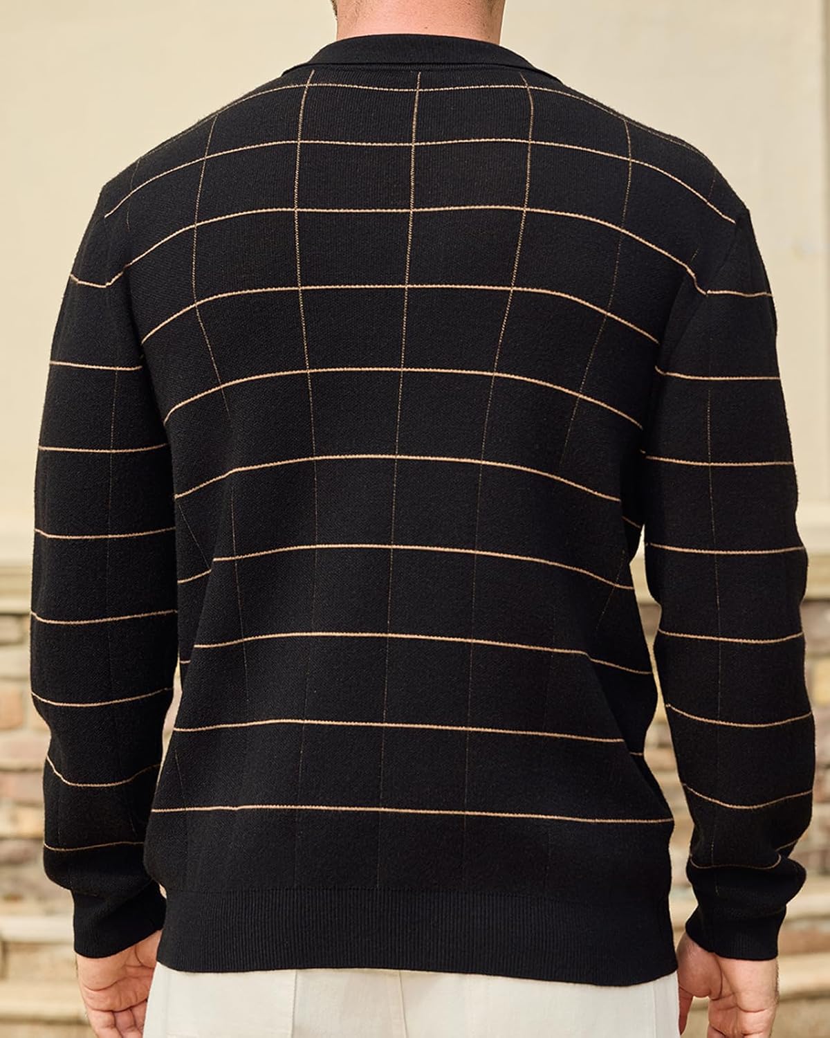 Mens Sweater Vintage Plaid Knit Polo Sweater Long Sleeve Ribbed Stitching Winter Warm Sweater - Image 5