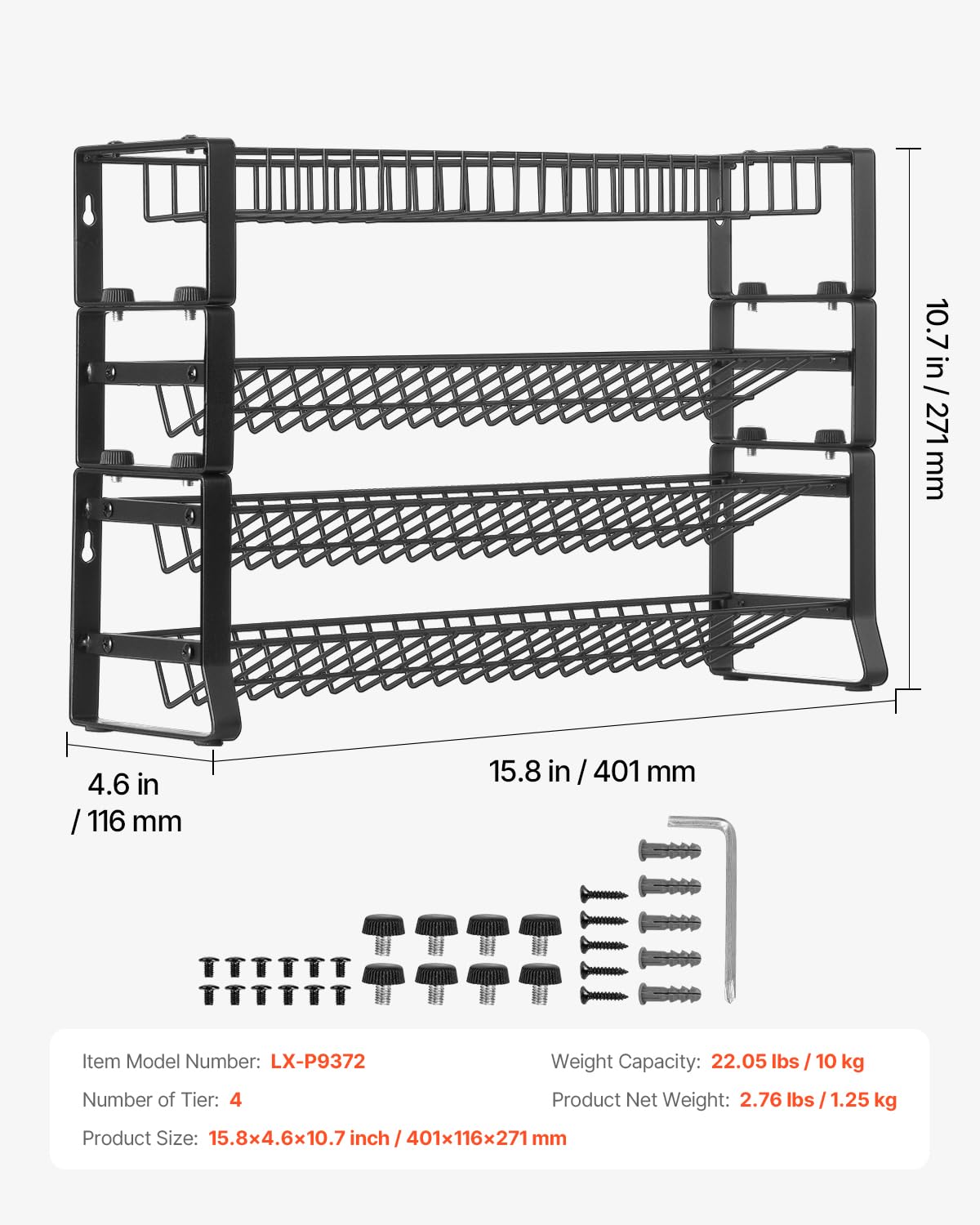 VEVOR Organizador de Especias Desmontable para Armario, Apilable con 4 Lazos, Tarros de Especias para Encimera, Despensa y Armario, Carga 10 kg, Resistente y Duradero, 401 x 116 x 271 mm, Negro