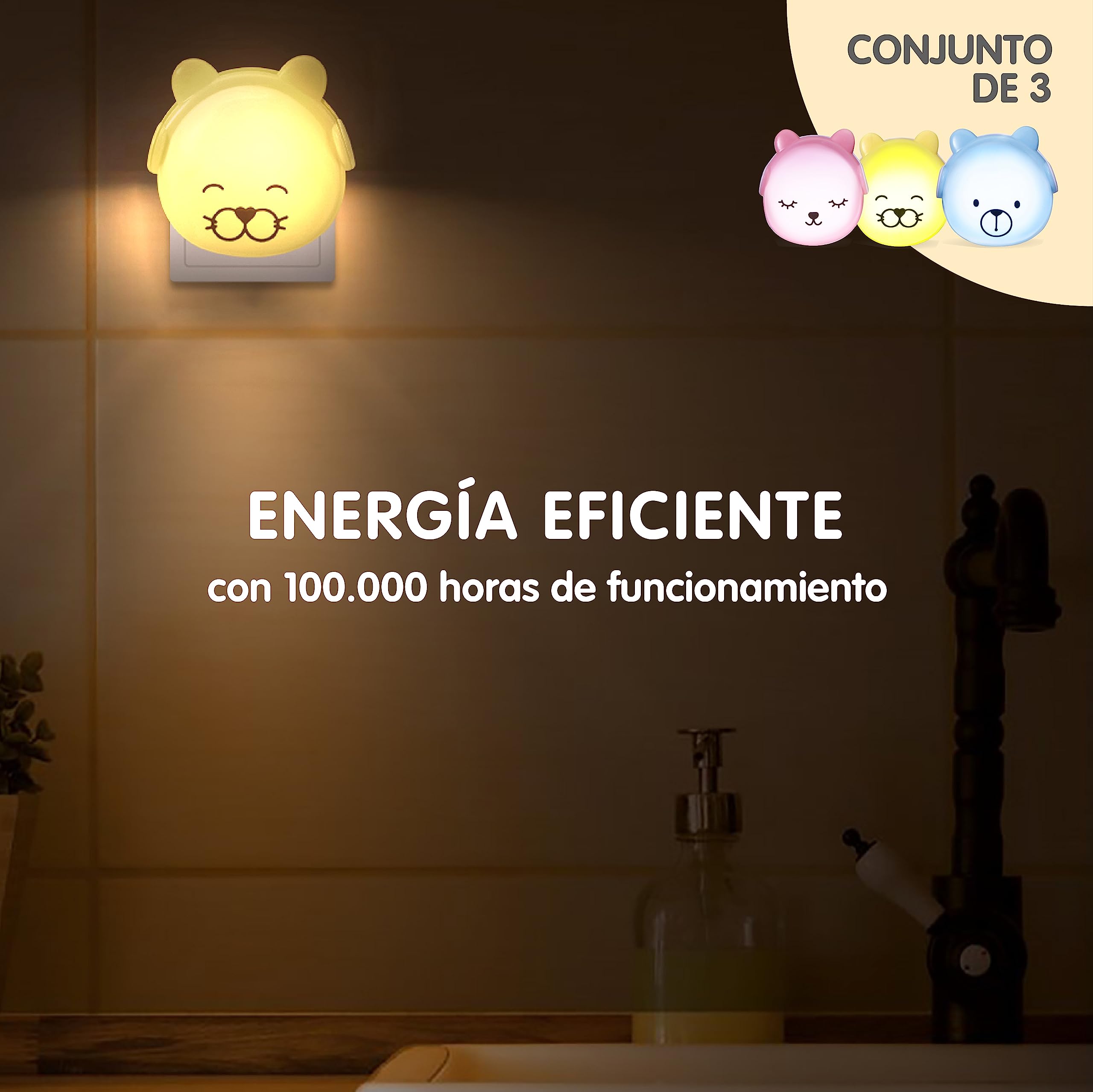 BRUNOKO Set 3 Ositos - Luz Nocturna Infantil con Sensor - quitamiedos Pared - Ideal para Habitación, Pasillos y Baño - Suave Luz de Noche para Niños - Fácil de Usar con Enchufe
