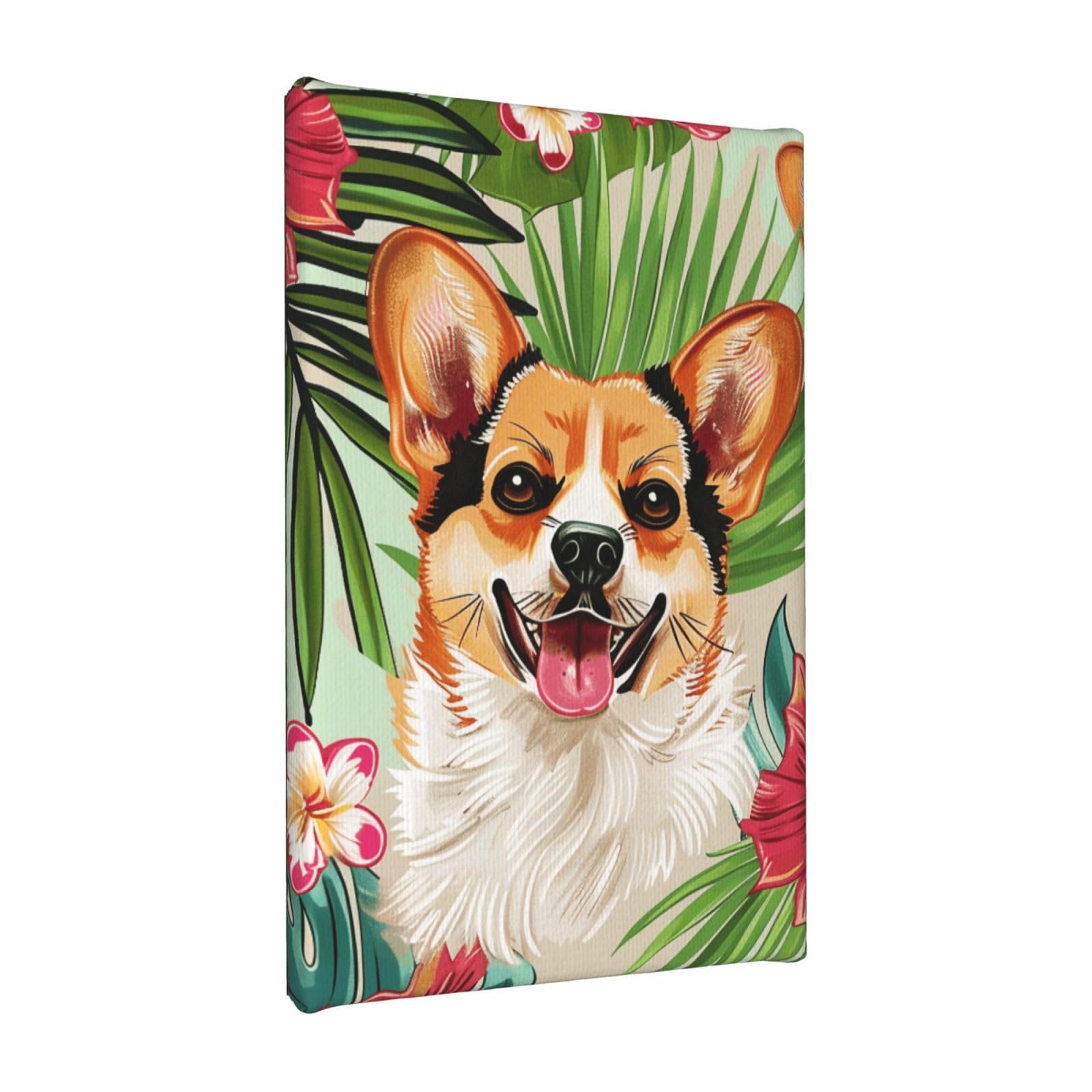 YKLJG tropical flower and corgi Printed Wall Art Canvas Painting 20x30 CM Wooden Framed Picture Painting Artwork Prints for Bedroom Kitchen Home Office Decor