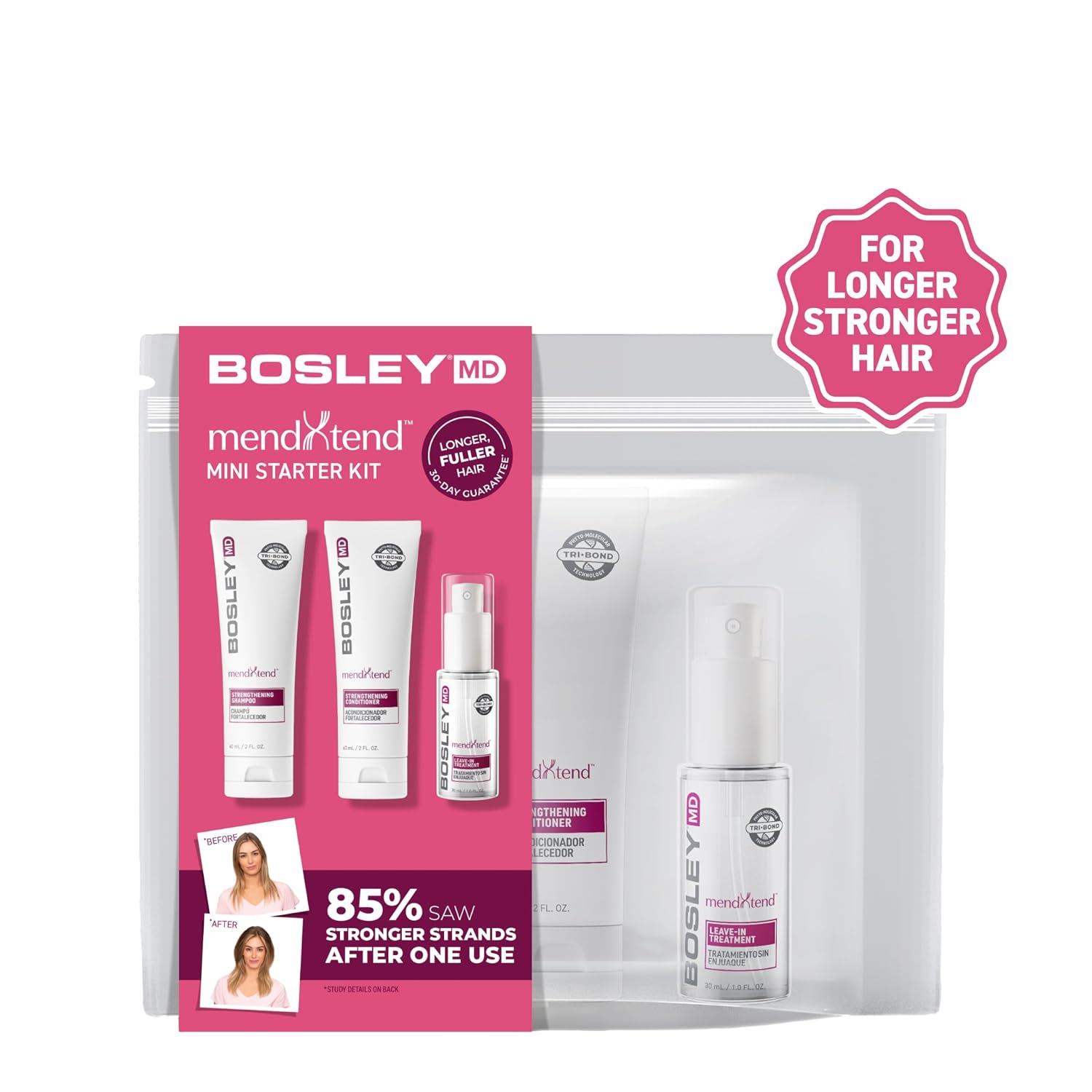 BosleyMD MendXtend Mini Starter Kit for Thinning Hair – Travel Size Shampoo, Conditioner & Leave-In Treatment – Biotin, DHT Blockers & Tri-Bond Technology – Strengthening, Thickening & Anti-Breakage