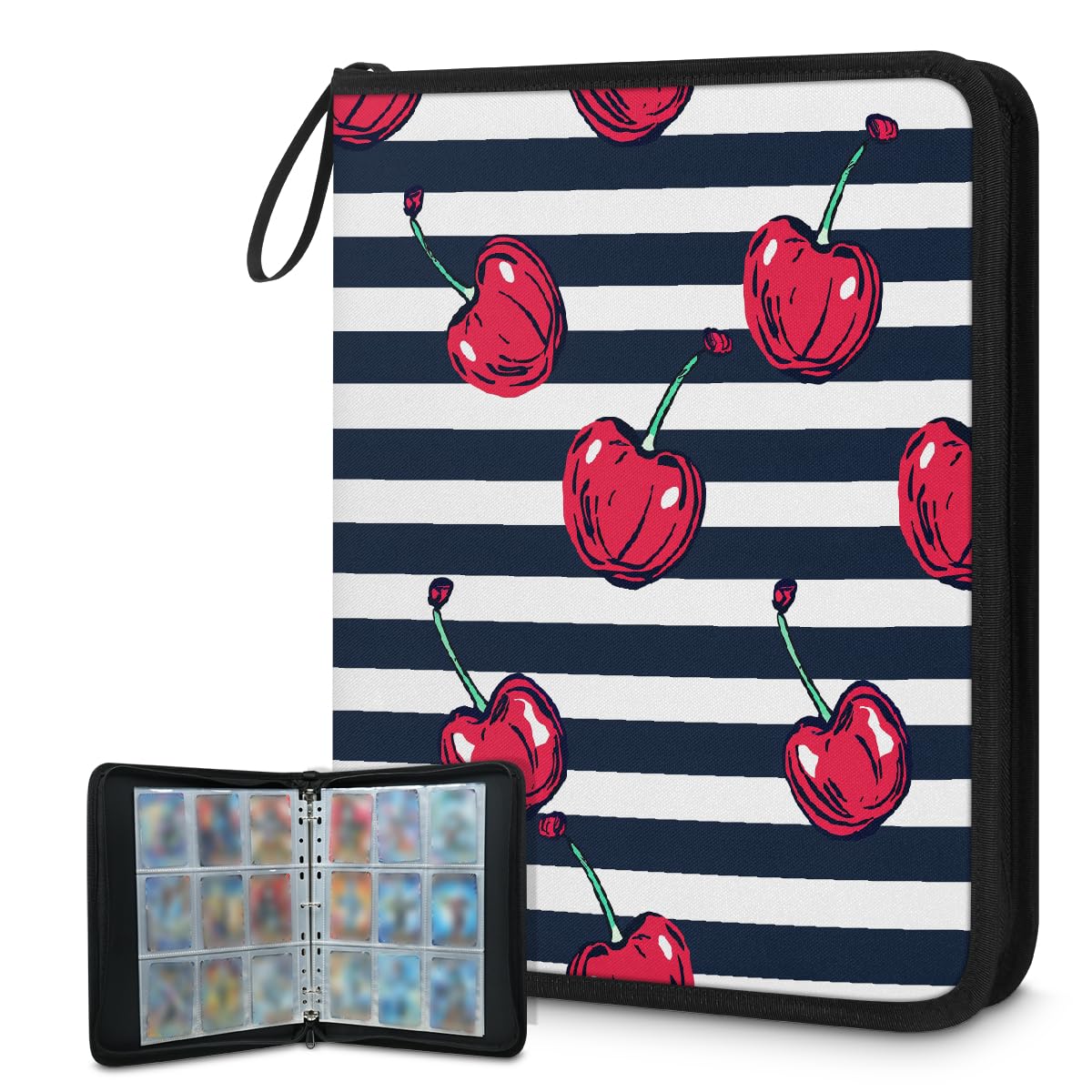 Raccoglitore per carte con 9 tasche, 900 tasche, con chiusura a cerniera (ciliegia a righe)