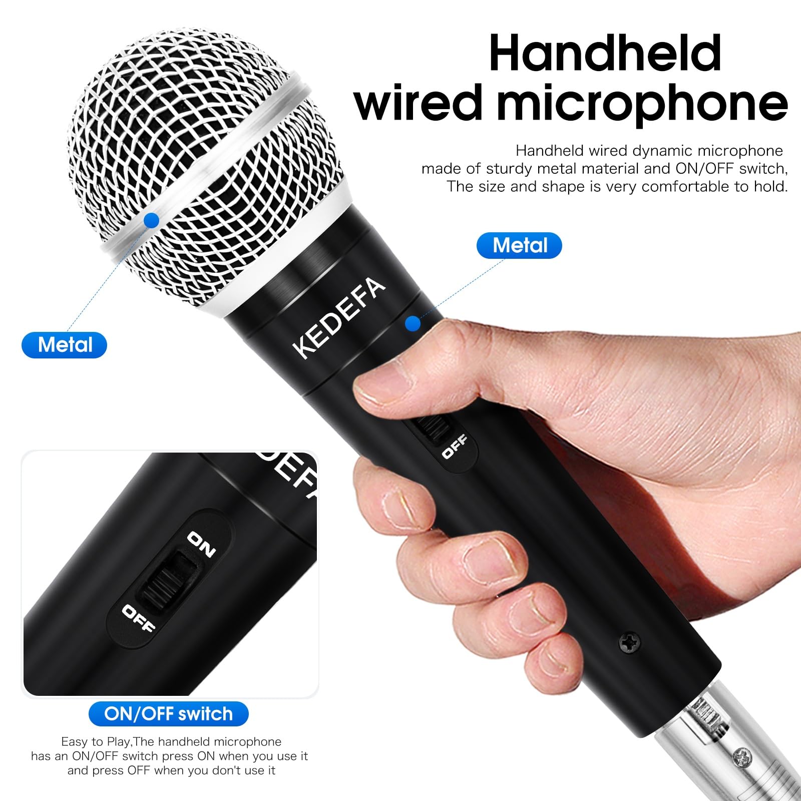 KM88 Micrófono de karaoke con cable de mano, micrófono vocal dinámico súper cardioide con cable de audio XLR desmontable de 13 pies e interruptor de encendido/apagado, para máquina de canto de