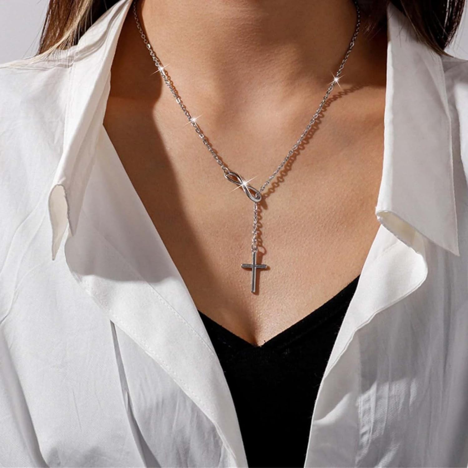 Bohemia Cross Y Drop Necklace Gold Number 8 Choker Necklace Vintage Crucifix Pendant Necklaces Adjustable Religious Christian Chain Necklaces Jewelry for Women - Image 4