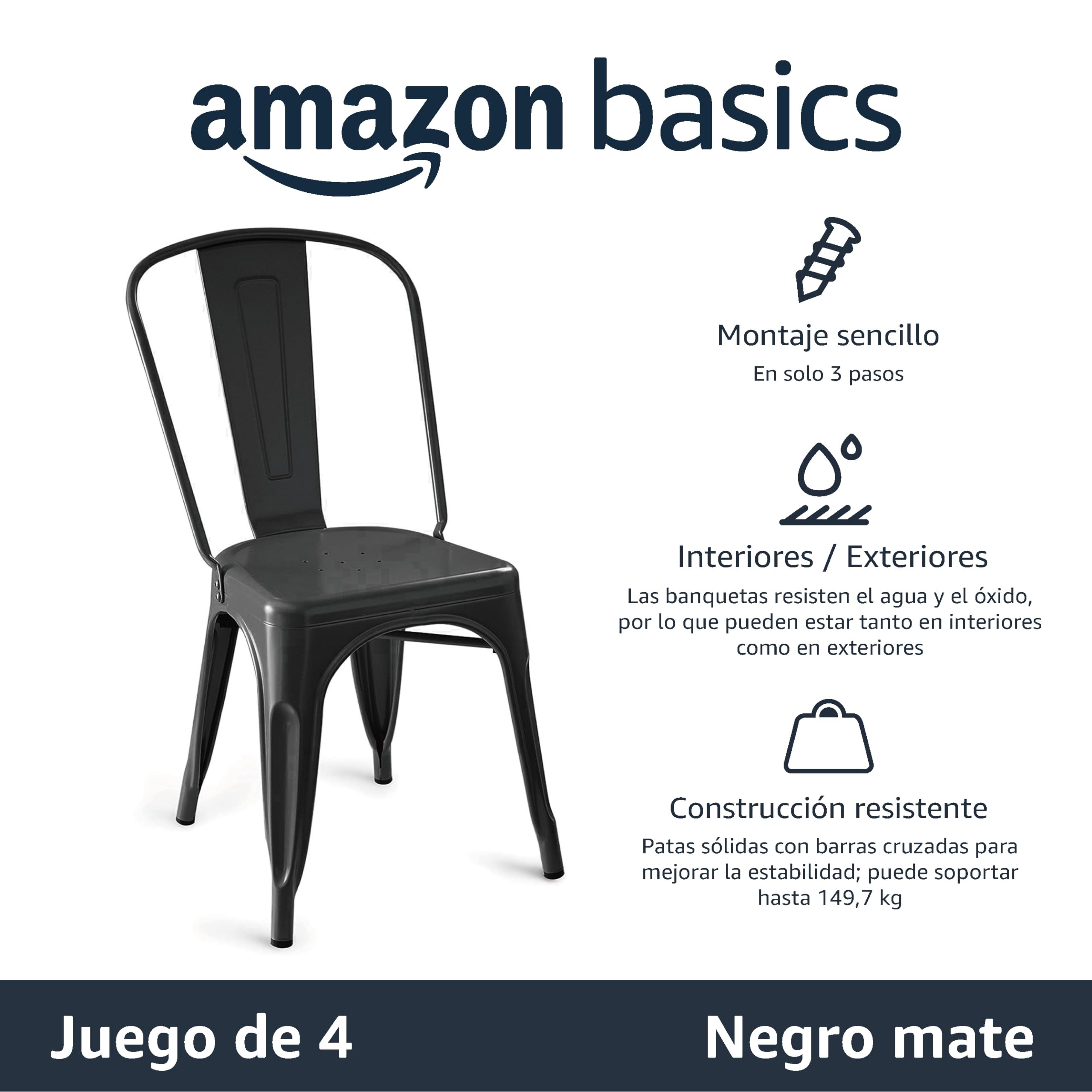 Amazon Basics Paquete de 4 sillas de comedor de metal apilables con respaldo para bistró, cocina, interior y exterior, Negro, 51 x 43 x 85 cm