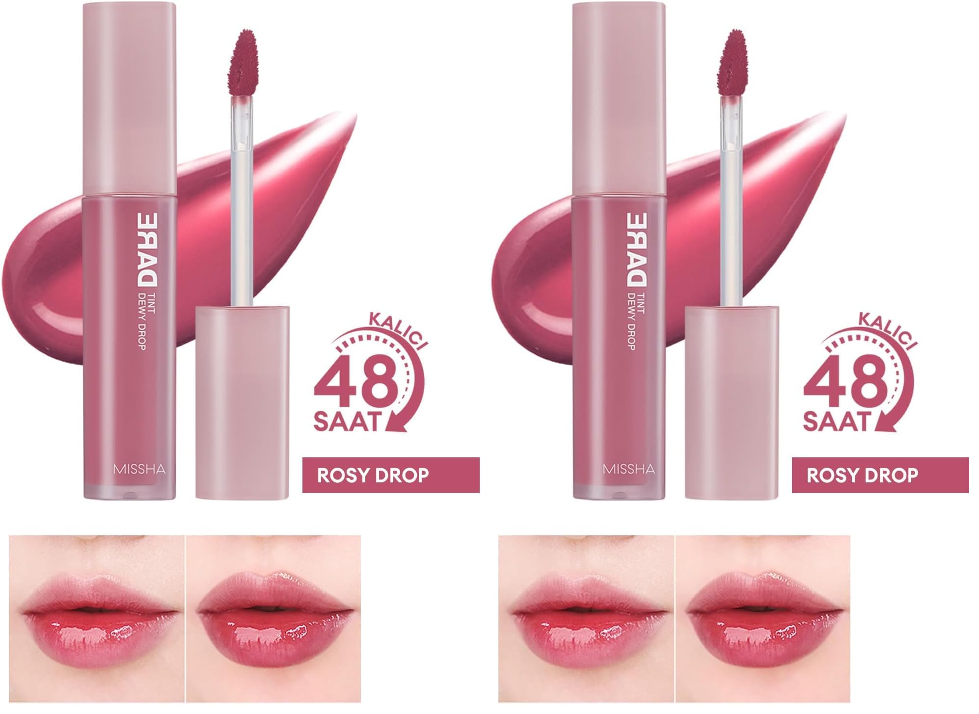 MISSHA Uzun Süre Kalıcı, Nemli Bitiş Sunan Parlak Tint Dare Tint Dewy Drop (ROSY DROP) (2 paketi)