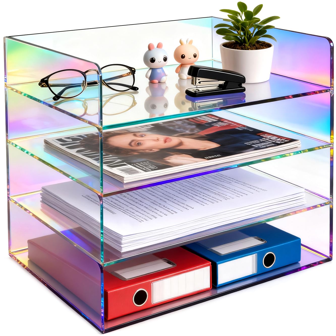 Acrylic File Organizer for Desk 4 Tiered Stackable Letter Tray Office Paper Storage Desktop Document Sorter, Iridescent