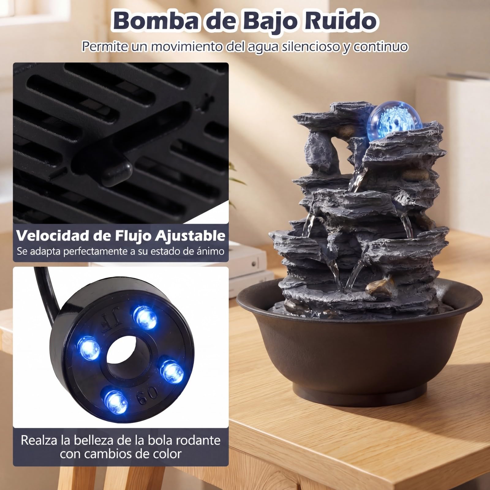 COSTWAY Fuente de Mesa Cascada con Bola Cristal Giratoria, Luz LED Decorativa, Flujo Ajustable, Decoración Zen Hogar Oficina