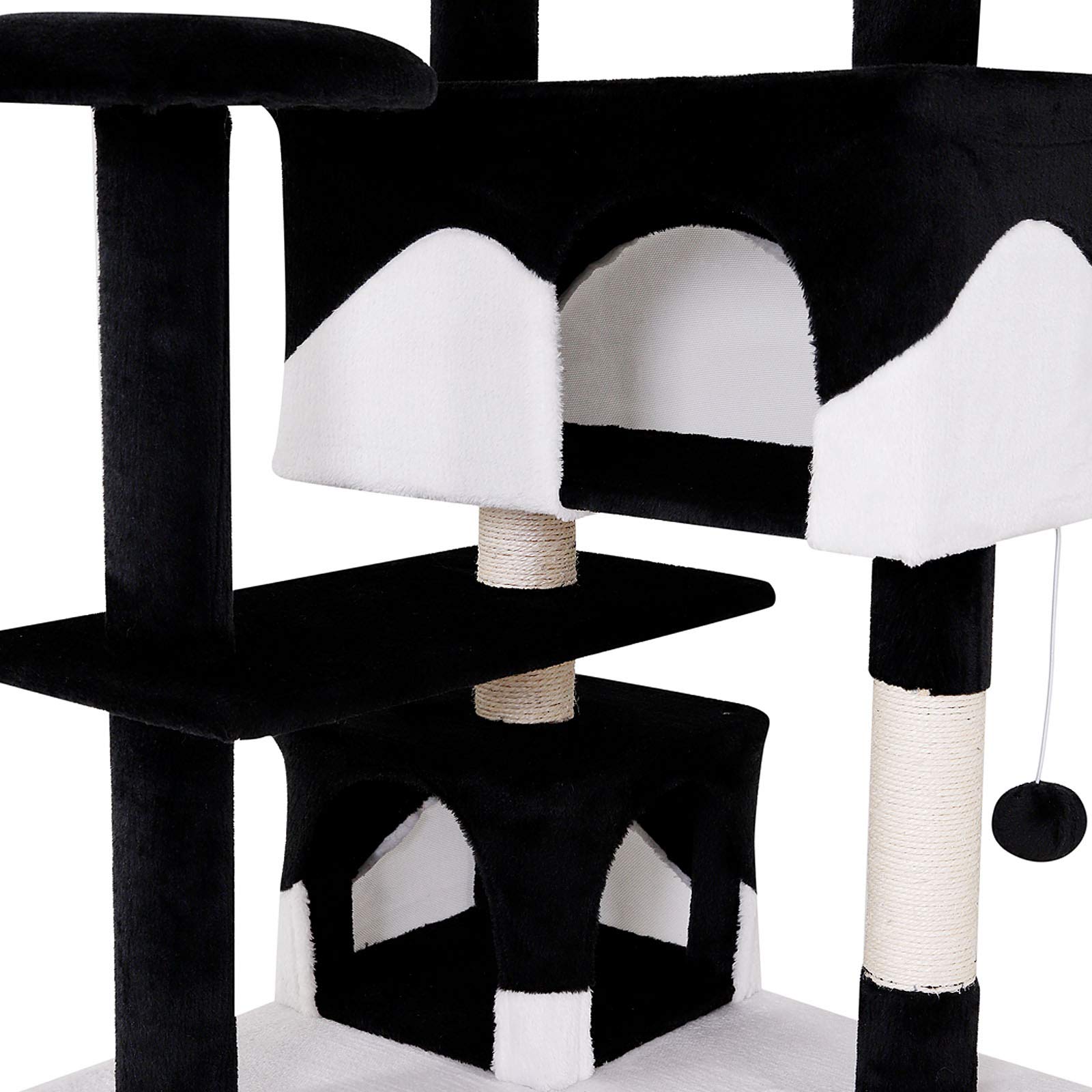 lionto krabpaal voor katten met 2 pluche ballen & 3 platforms, hoogte 130 cm, kattenboom met sisal & zacht pluche, comfortabele ligplekken & grotten, geschikt voor kleine & grote katten, zwart/wit