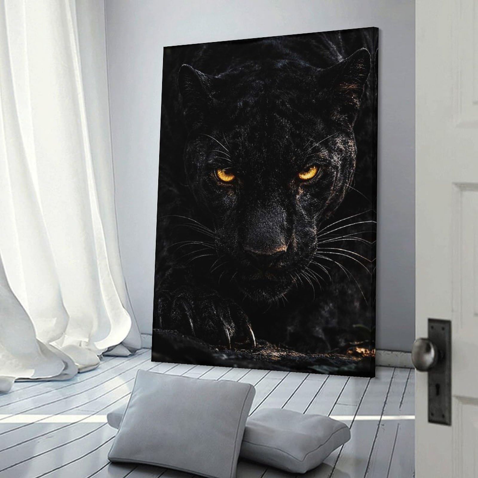 Junmoney Black Panther with Glowing Eyes Wall Art Print 16x24inch(40x60cm), for Lounge, Study, Hallway Or Flat Walls, Decorative Artwork with Broad Appeal