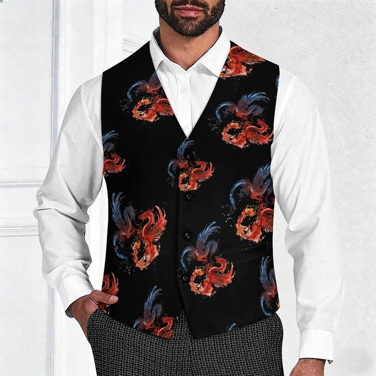 Water And Fire Dragon Men's Suit Vest Formal Vests Casual Dress Fit Waistcoat Casual Tuxedo for Business