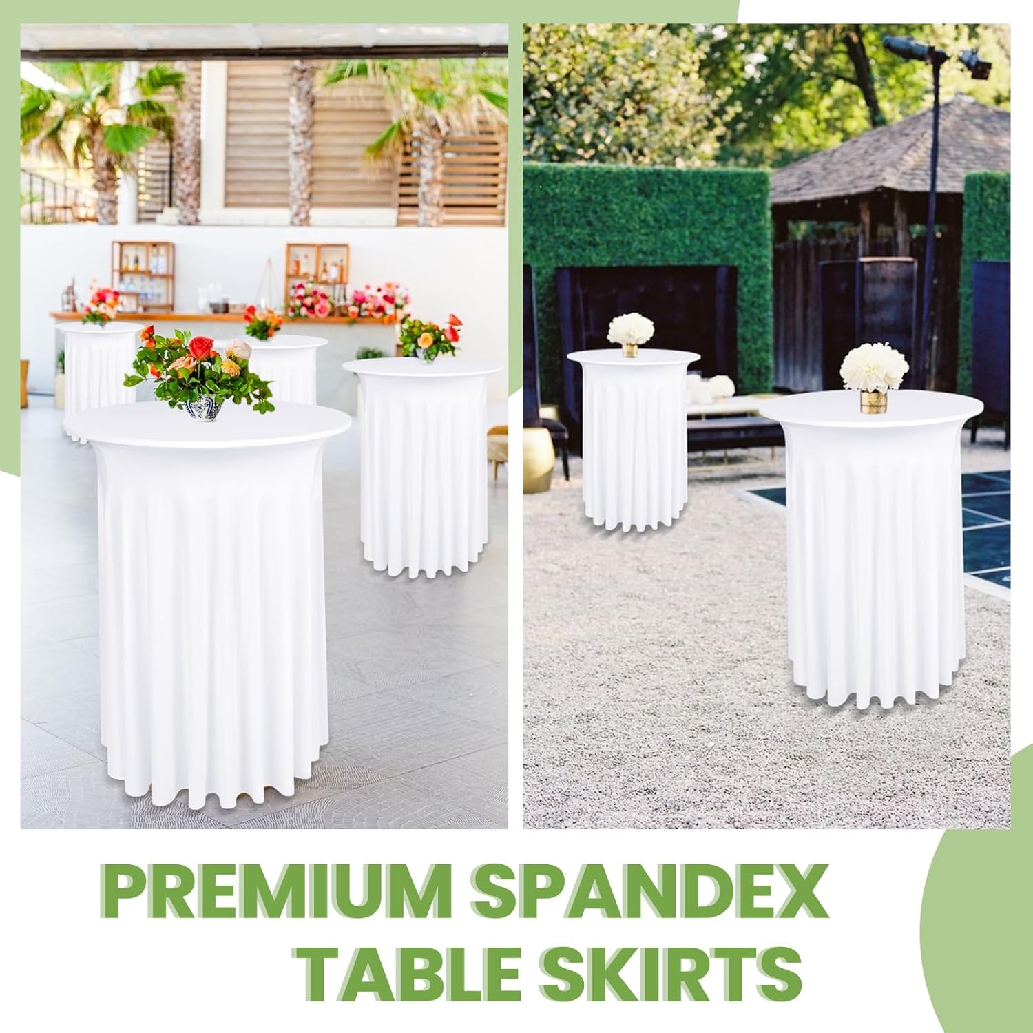 6 Pack Round Cocktail Table Skirts 32 x 43 Inch White Spandex Stretch Cocktail Tablecloth with Wavy Drapes Stretch Fitted Round High Top Table Covers for Wedding Bar Party Banquet