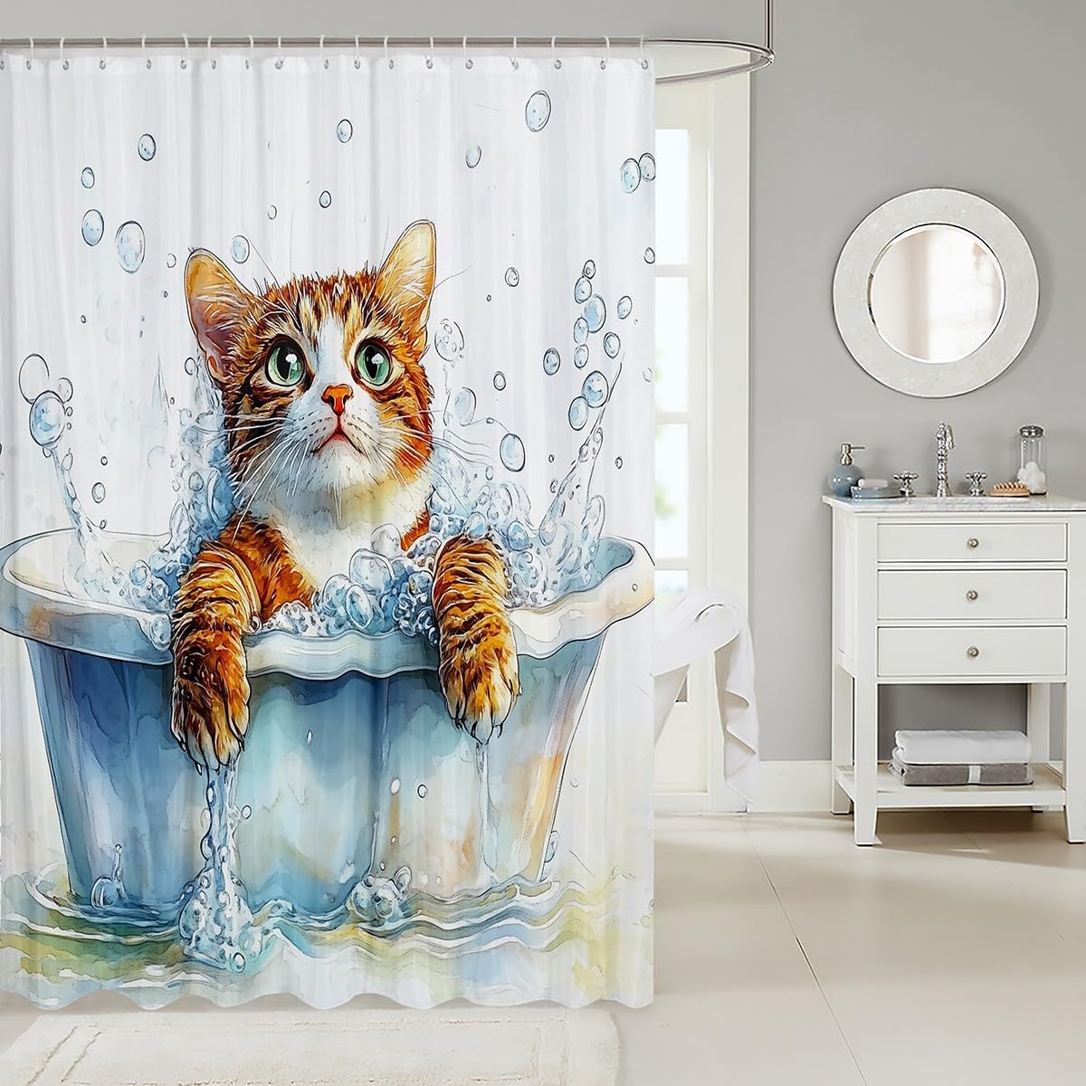 jejeloiu Cute Cat Bath Curtain Cartoon Kitten Shower Curtain for Kids Boys Girls Pet Animal Bathroom Decor Shower Bubble Bathroom Waterproof Accessories with 12 Hooks,72x72 Inches image 2