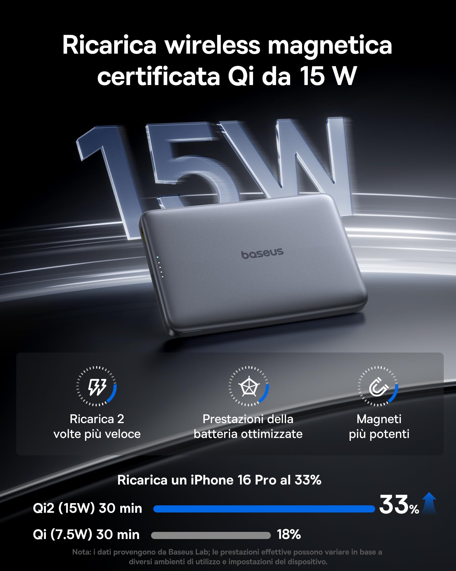 Baseus Picogo AM41 Power Bank, Ultra Slim 10000mAh Qi2 Magsafe Powerbank 15W Wireless, Ricarica Rapida PD 27W, Mini Magnetico Batteria Esterna con cavo USB C per iPhone 16/15/14/13/12, Grigio Spazio