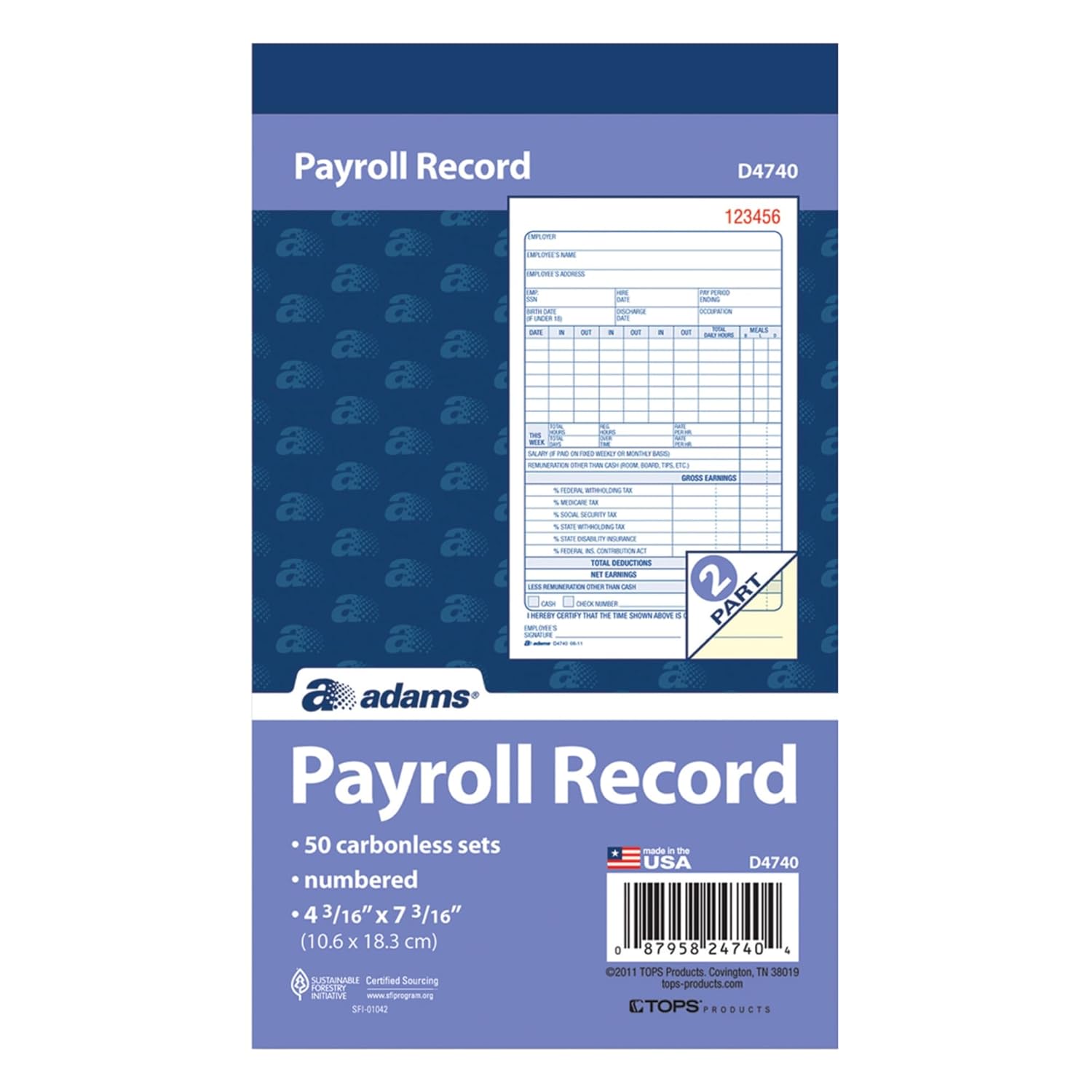 Adams Employee Payroll Record Book, 2 Part, Carbonless, 4.19 x 7.19, 50
