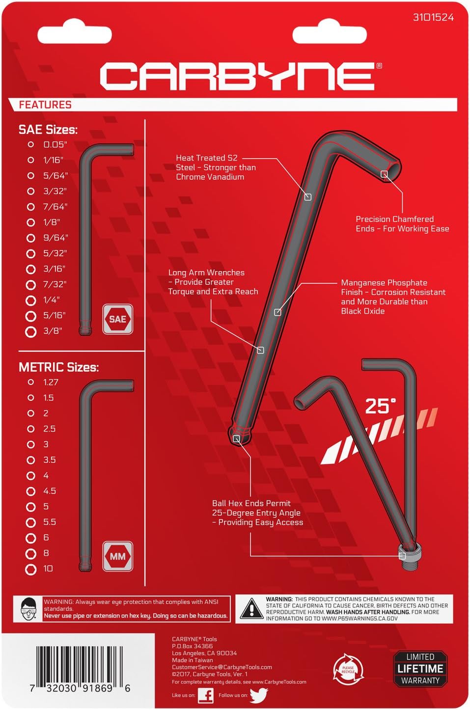Carbyne 26-Piece Long Arm Ball End Hex (Allen) Key Wrench Set, SAE and Metric Allen Keys, S2 Steel, 0.05 to 3/8 in and 1.27mm to 10mm, For Automotive, Bicycle, Household and Furniture Repair
