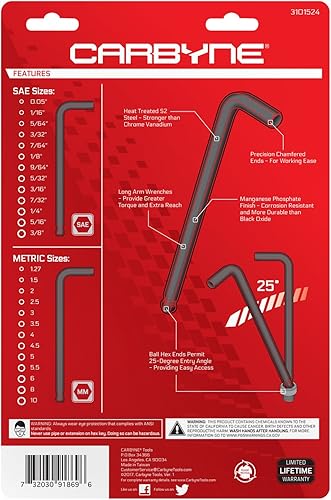 Vista 19 de Carbyne Juego de llaves Allen con extremo de bola de brazo largo de 35 piezas, pulgadas/métricas/torx. Incluye hexagonal métrico 0.050 in-0.394 in