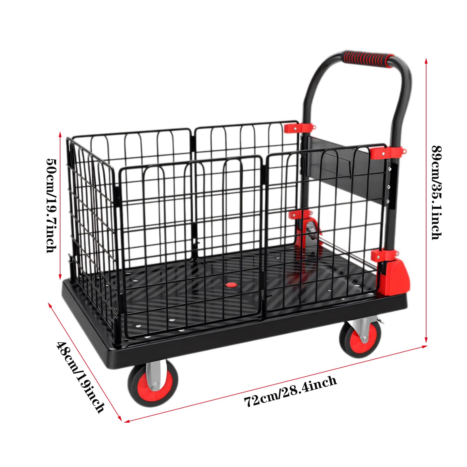 Carrello con piattaforma resistente con recinzione in filo di acciaio rimovibile, capacità di carico 200 kg, ruote silenziose in TPR per un facile spostamento e stoccaggio, ideale per magazzini e