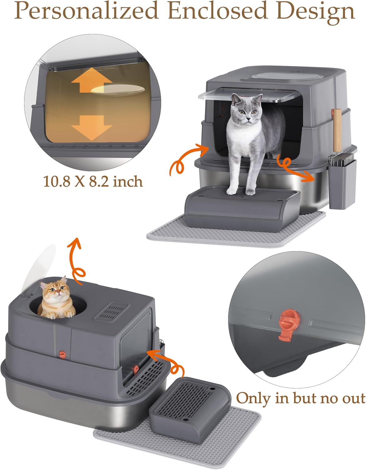 XXL Stainless Steel Covered Cat Litter Box with Lid – Extra Large Enclosed Metal Litter Box for Big Cats, Leak-Proof, Odor Control, Top Exit, Scoop, Pedal & Non-Slip Mat, Easy to Clean