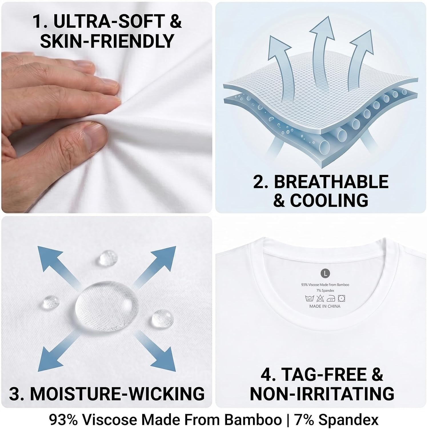 BLACKMYTH 3 Pack Men's Undershirts, Ultra Soft Viscose Made from Bamboo, Stretchy Breathable Tag-Free Moisture Wicking Tees
