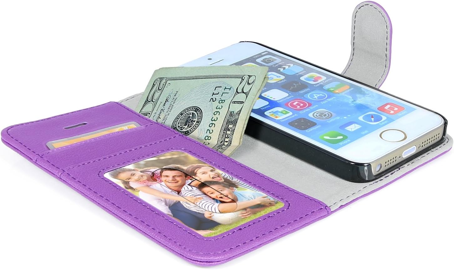 iPhone 5s Case, BUDDIBOX [Wallet Case] Premium PU Leather Wallet Case with [Kickstand] Card Holder and ID Slot for Apple iPhone 5 & 5s, (Purple)