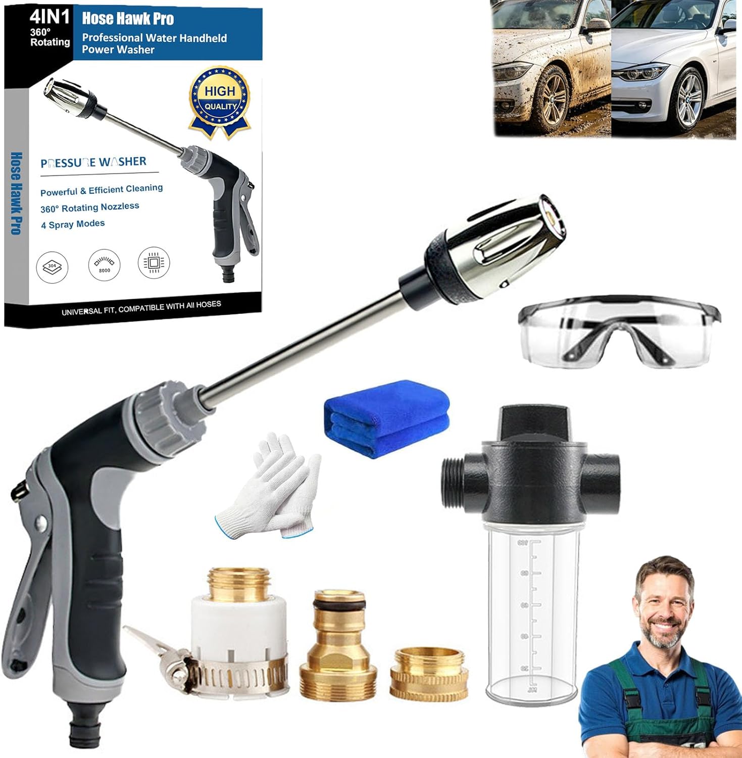 Hose Hawk Pro Pressure Washer, Hosehawk Professional Water Pressure In A Compact Design, Extreme Power Using Hydro-Power Technology, Perfect For Driveways, Patios, Decks, Fences, Cars & More (Black-B)