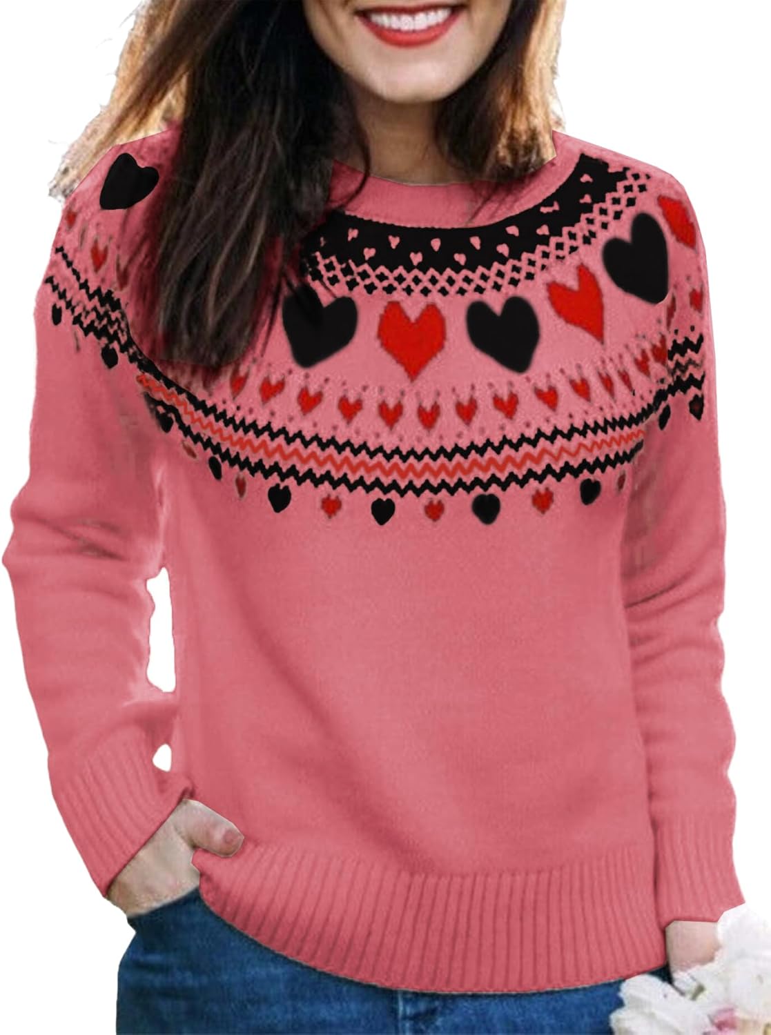 Women's Fair Isle Sweater Casual Long Sleeve Crewneck Cute Heart Knit Pullover Sweaters