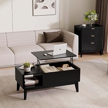 LYNCOHOME 2 Piece Living Room Table Set, Fluted Coffee Table and Nightstand Set, Lift Top Coffee Table with Storage & 3 Drawer Nightstand, Modern Matching Living Room & Bedroom Furniture Set, Black