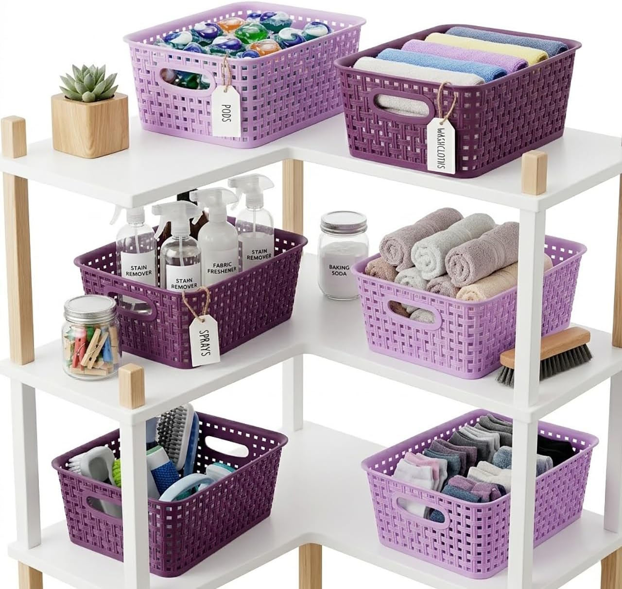 6-Pack Small Baskets, Purple Plastic Open Storage Weave Basket Versatile Shelf Organizer Woven Baskets for Home and Pantries, Dark Purple&Light Purple10x7.5x4 inch