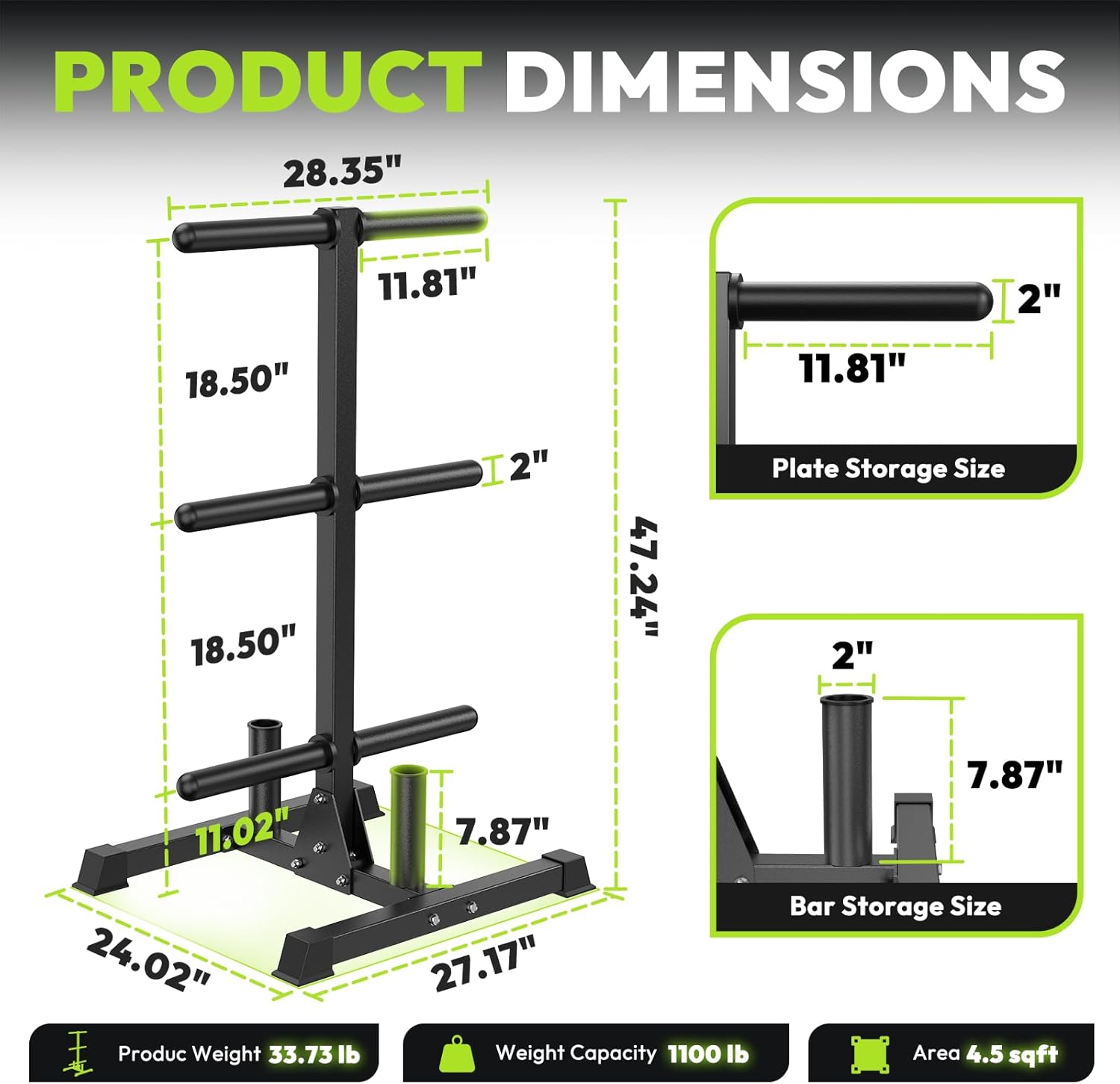 Weight Plate Rack with Barbell Storage, 6-Peg Vertical Holder for 1 or 2-Inch Plates, Heavy Duty 1100 lbs Capacity for Home Gym Organization