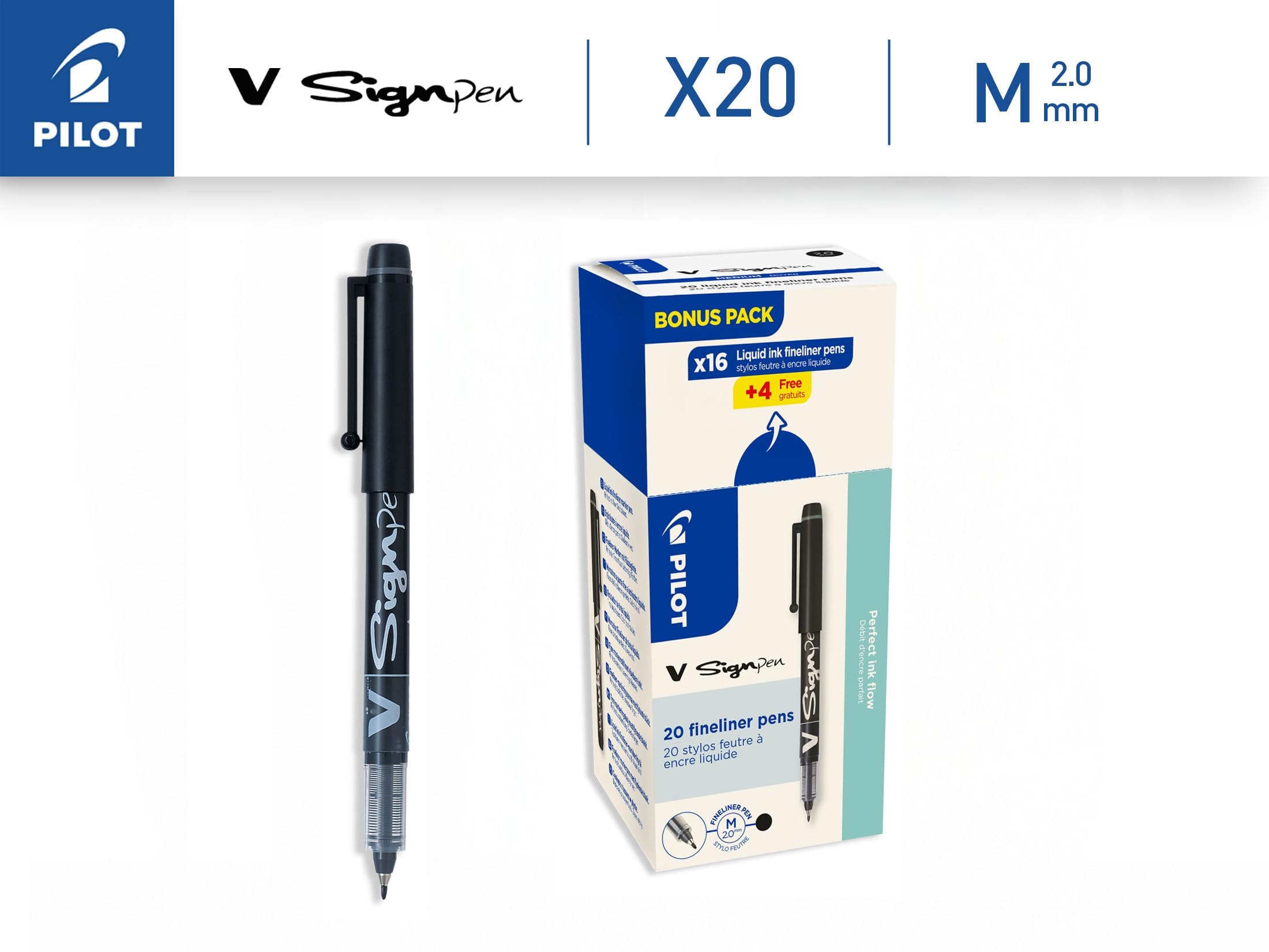 PILOT - Caja de 20 V-Sign Pen - Rotuladores de Tinta Líquida con Escritura Suave y Precisa - Tinta Intensa de Secado Rápido - Negro - Punta Media