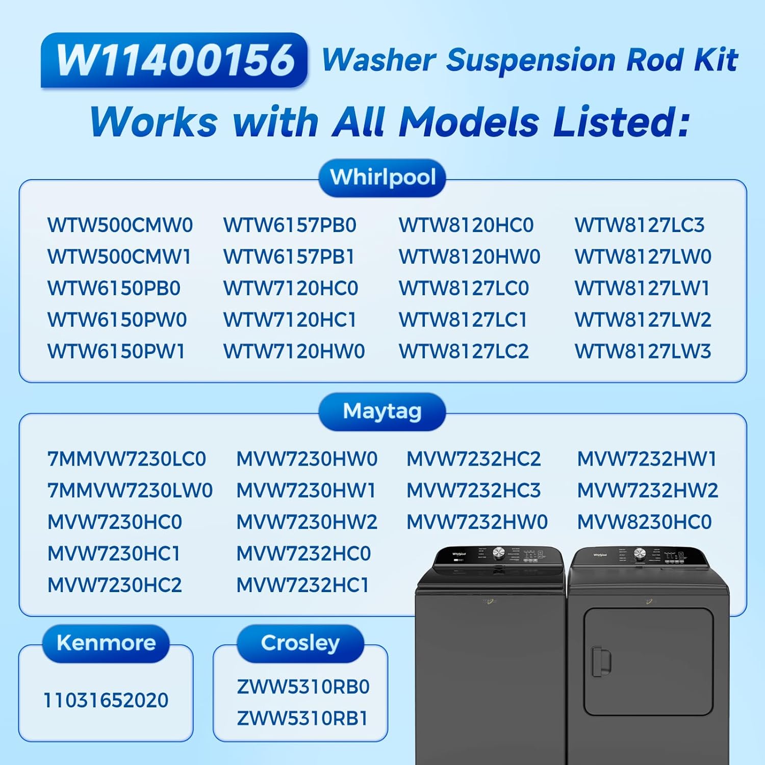 Upgraded W11400156 W11187091 2026 Washer Suspension Rod Kit 4pcs Compatible with Whirlpool Maytag Kenmore Crosley Washer, Replacement Part 4962542 AP6976426 PS12731247 EAP12731247 PD00065760