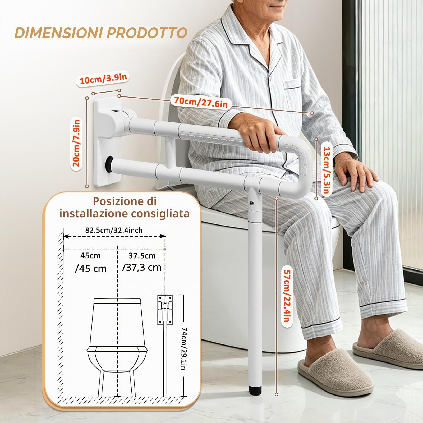 YUCHENGTECH Maniglione Bagno Disabili Ribaltabile 70cm Maniglia Doccia Anziani Acciaio Inox Maniglione per WC per Anziani Disabili Incinta Supporto 350kg,Bianco
