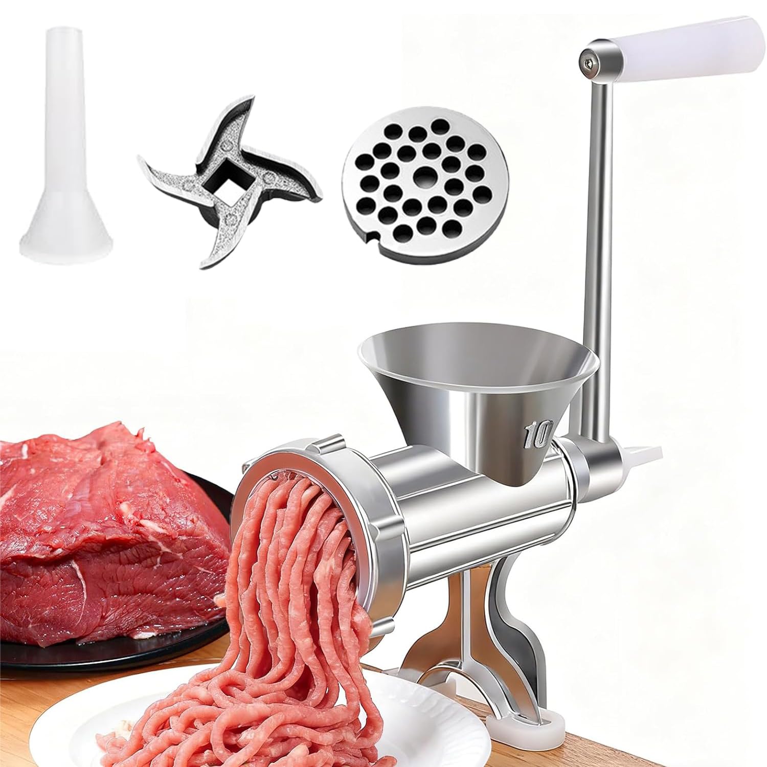 Molinillo manual multifuncional de acero inoxidable con manivela – Picadora de carne de alta resistencia, embutidora de salchichas, picadora de verduras y mezclador | Fácil de limpiar, piezas