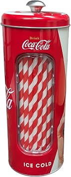 The Tin Box Company Coke Straw Holder Tin with 20 Paper Straws Inside, 3-3/8 x 8-1/4"H, Red and White 771527-12 - Good for 8" Straws or less