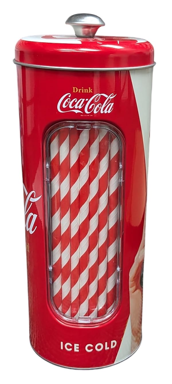 The Tin Box Company Coke Straw Holder Tin with 20 Paper Straws Inside, 3-3/8 x 8-1/4"H, Red and White (771527-12) - Good for 8" Straws or less by The Tin Box Company - Used condition - US$10.44
