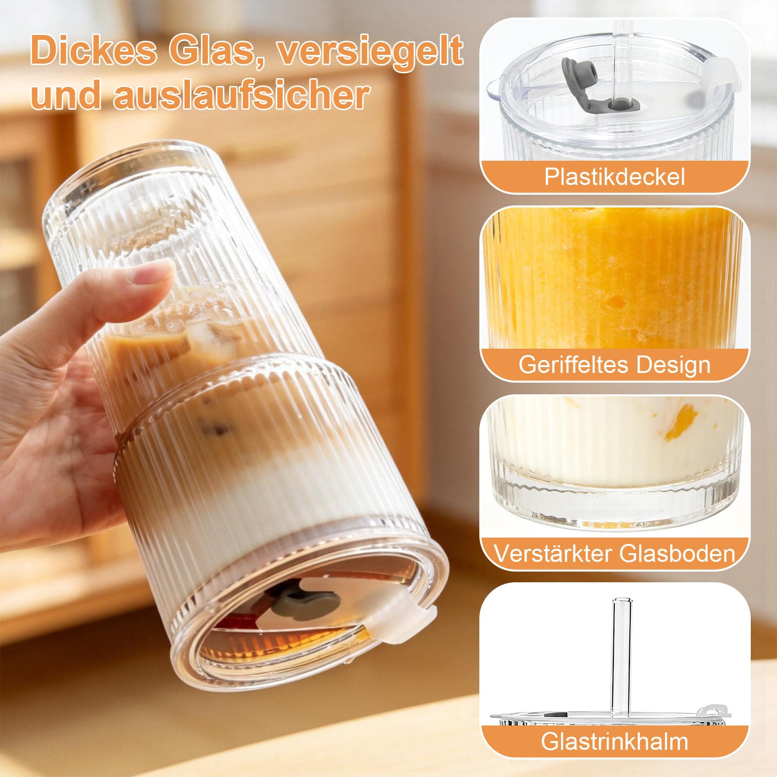 Juego de vasos de cristal de cocina verticales con tapa y pajita, diseño hermético e impermeable, vasos con tapa, ideales para café, batidos, cócteles (4 unidades)