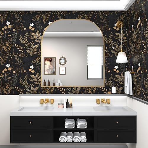 Miniatura 5 de Papel tapiz floral negro para despegar y pegar, papel tapiz de hojas de oro, papel de contacto para gabinetes, papel de pared autoadhesivo