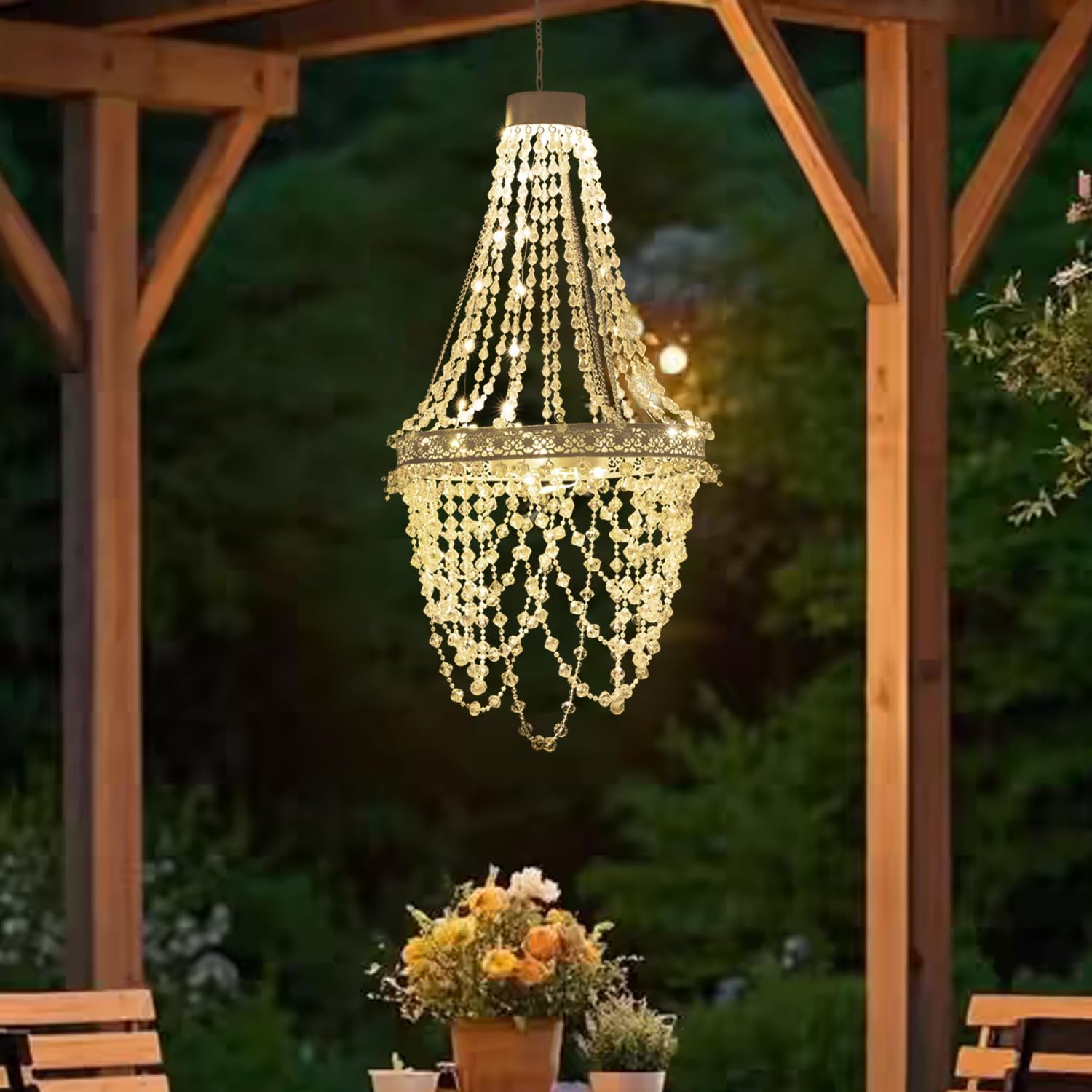 Solar Hängeleuchte Kristall Kronleuchter LED Solarlampe für Außen, Wasserdichte Gartendeko