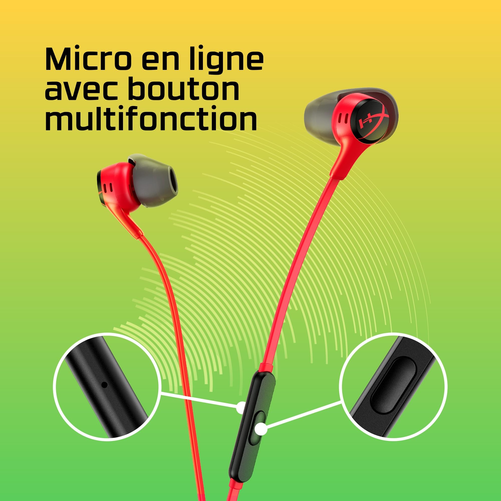 HyperX Cloud Earbuds II Écouteurs Gaming, Audio Immersif, Microphone Intégré, Prise Jack 3.5mm Coudée, Quatre Tailles d'Embouts, Pochette de Transport, Rouge