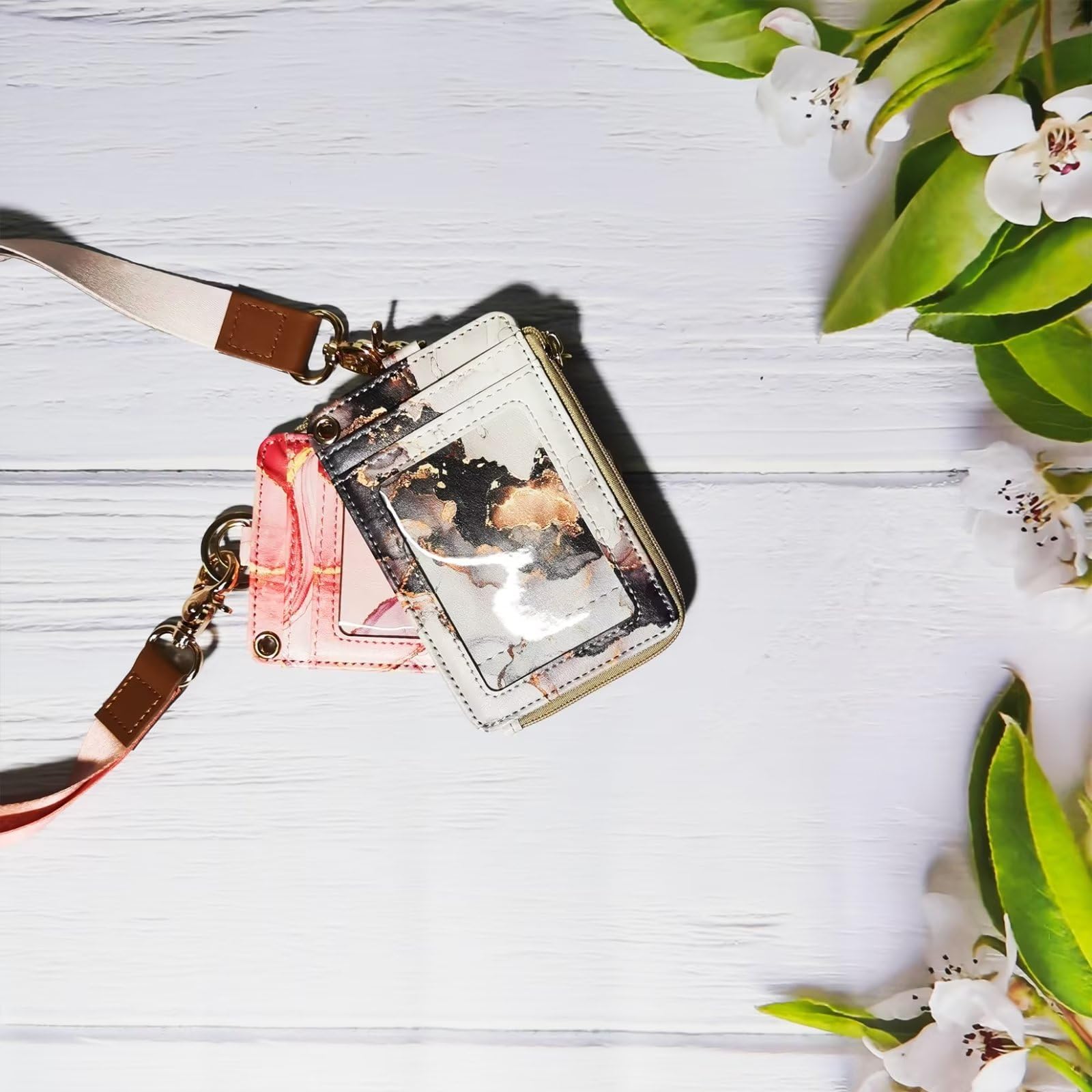 Marble Badge Holder with Zipper, Lanyard Wallet for Women,PU Leather ID Badge Holder with 1 Clear ID Window - Image 4