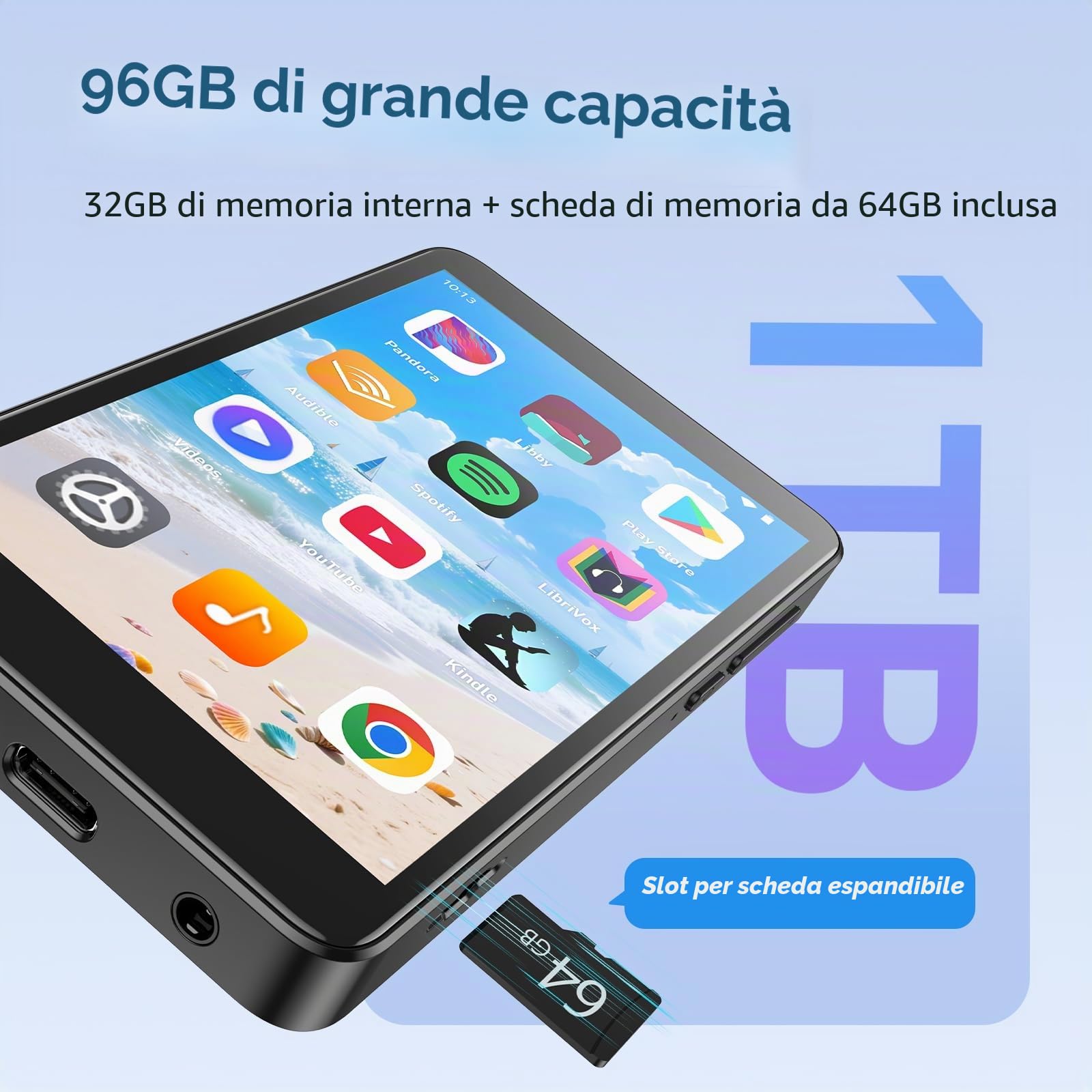 AGPTEK Lettore MP3 da 96 GB con Bluetooth e WiFi | 4'' Android 14 MP4 Lettore musicale con Spotify, Audible, App Store, fino a 1 TB, nero