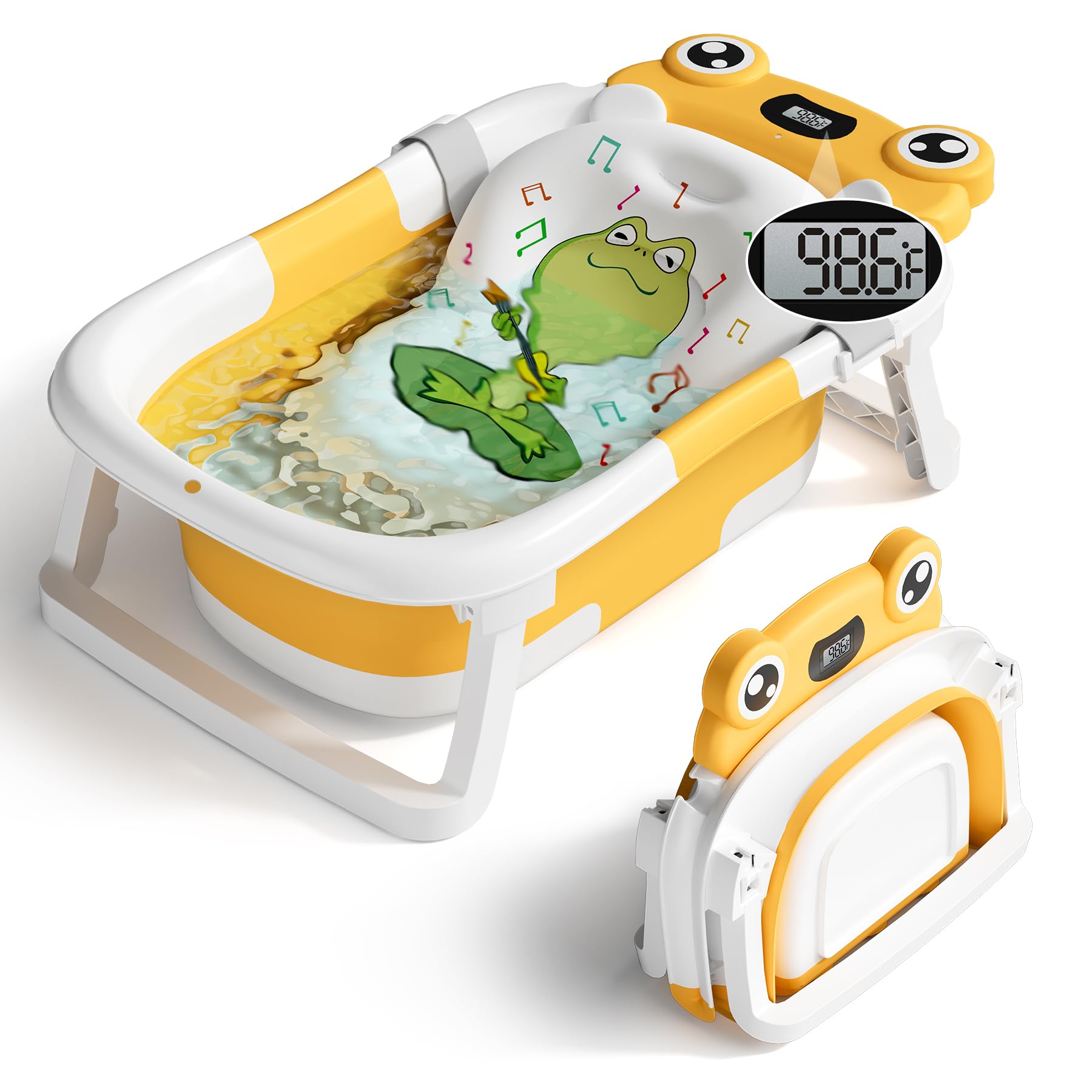 BUNWAG Baby Bathtub, Collapsible Newborn Bathtub for Infant to Toddler with Soft Cushion and Thermometer,Portable Travel Newborn Tub with No-Slip Feet, Baby Shower Gifts, 0-12 Months Baby Bath, Yellow Frog Tub Yellow