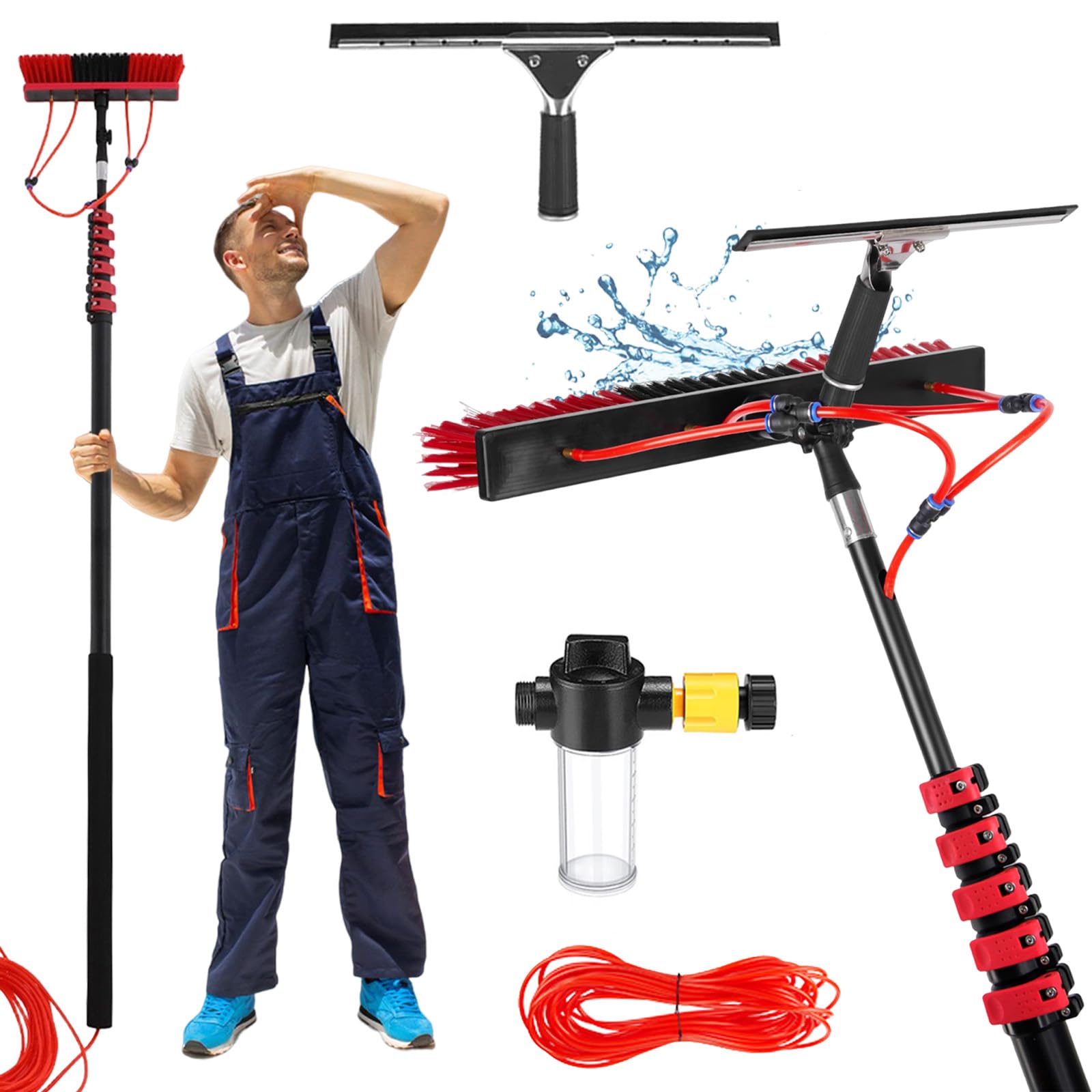 Window Cleaning Brush with Squeegee | 7.2 Meter Extandable Telescopic Pole | Water Fed Window Cleaning Pole Aluminium | Cleaner for Solar Panels | Roof Cleaning Equipment
