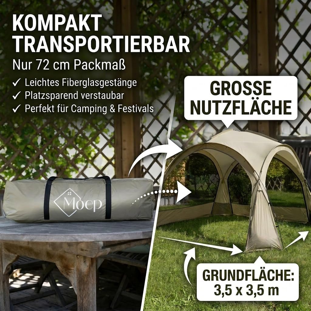 Pavillon 3,5 x 3,5 m mit Seitenwänden & Insektenschutz – wasserdichter Event Shelter, leichtes Camping Zelt mit Fiberglasgestänge, Festival Pavillon, Garten Pavillion für Outdoor & Party