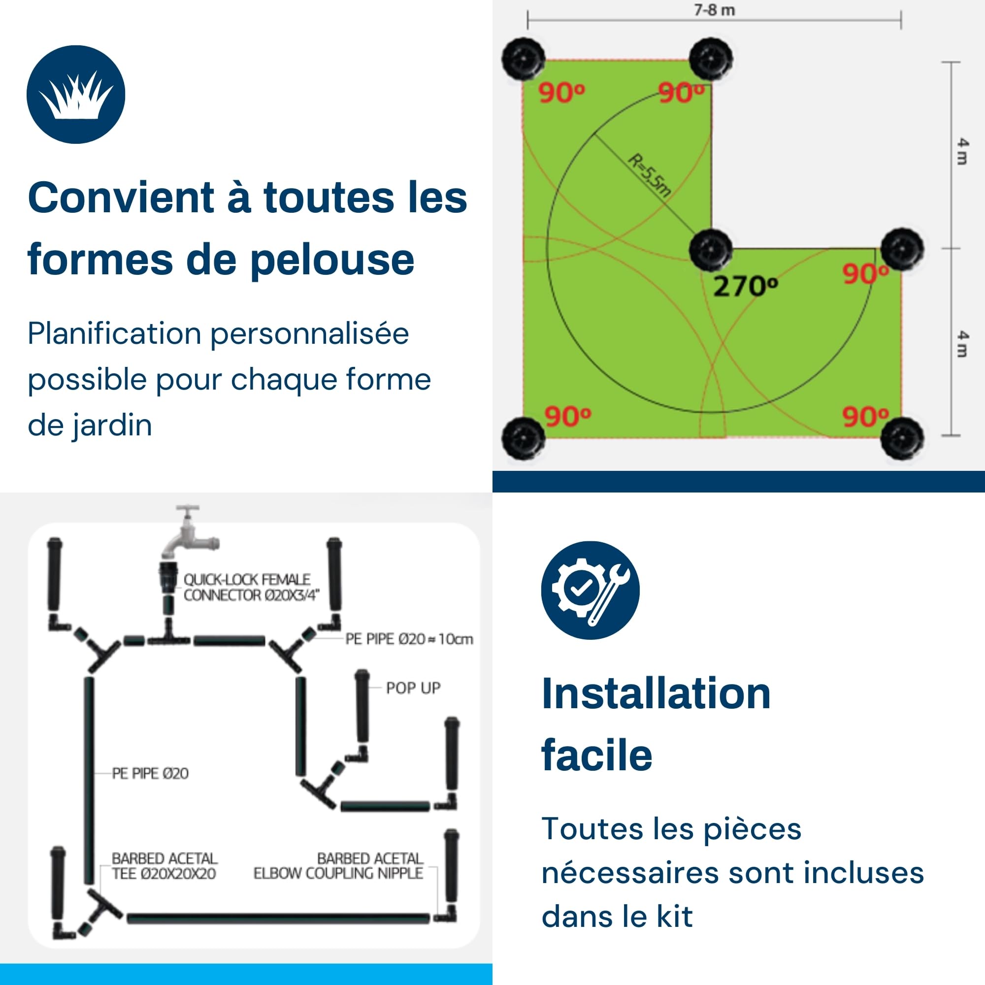 BluNature Arroseurs de Pelouse - Pop Up - Système Arrosage Irriguer pour Gazon Jardin - Kit de Système Irrigation avec Têtes de Pulvérisation, Convient pour Les Surfaces jusqu'à 70m2