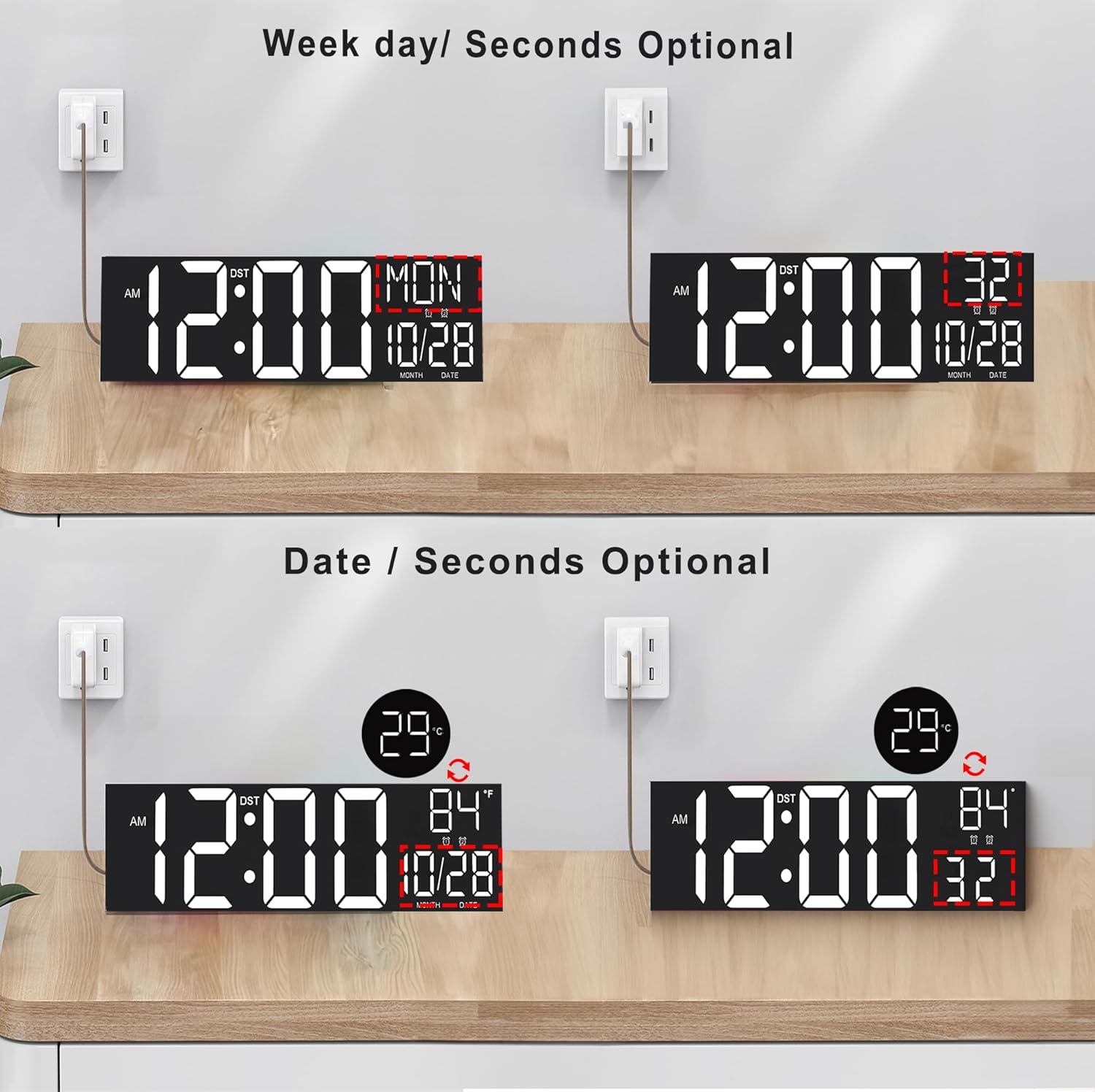 jall 30" large digital wall mount clock with remote control, alarm, huge giant big led, countdown, auto dst, temperature for living room classroom desk, xmas, birthday gift, white white 30 inches